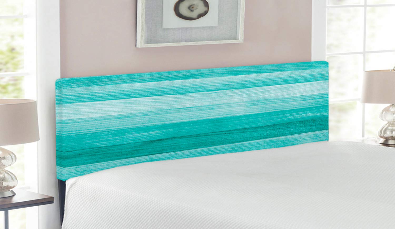 Ambesonne Teal Upholstered Queen Size Headboard with Memory Foam - Painted Wood Design & Horizontal Lines Pattern - Perfect for Bedroom Decor, Easter Holiday Backdrop, and Birthday Photo Shoots (Turquoise)