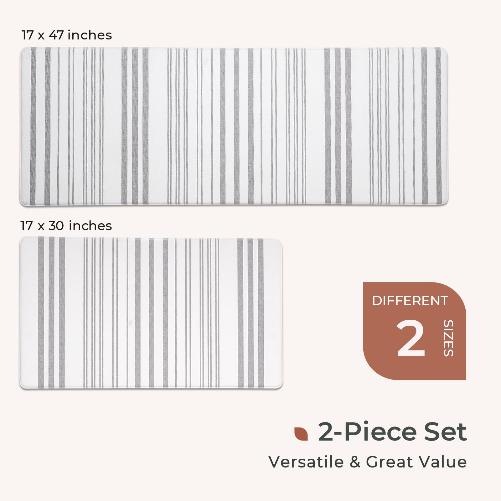 FRESHMINT Farmhouse Stripe Anti-Fatigue Kitchen Mat Set of 2 - Cushioned Foam Floor Mats, Waterproof Non-Slip Comfort Rug for Kitchen, Sink, Laundry & Office - Perfect for Standing Comfort While Cooking, Washing Dishes or Working