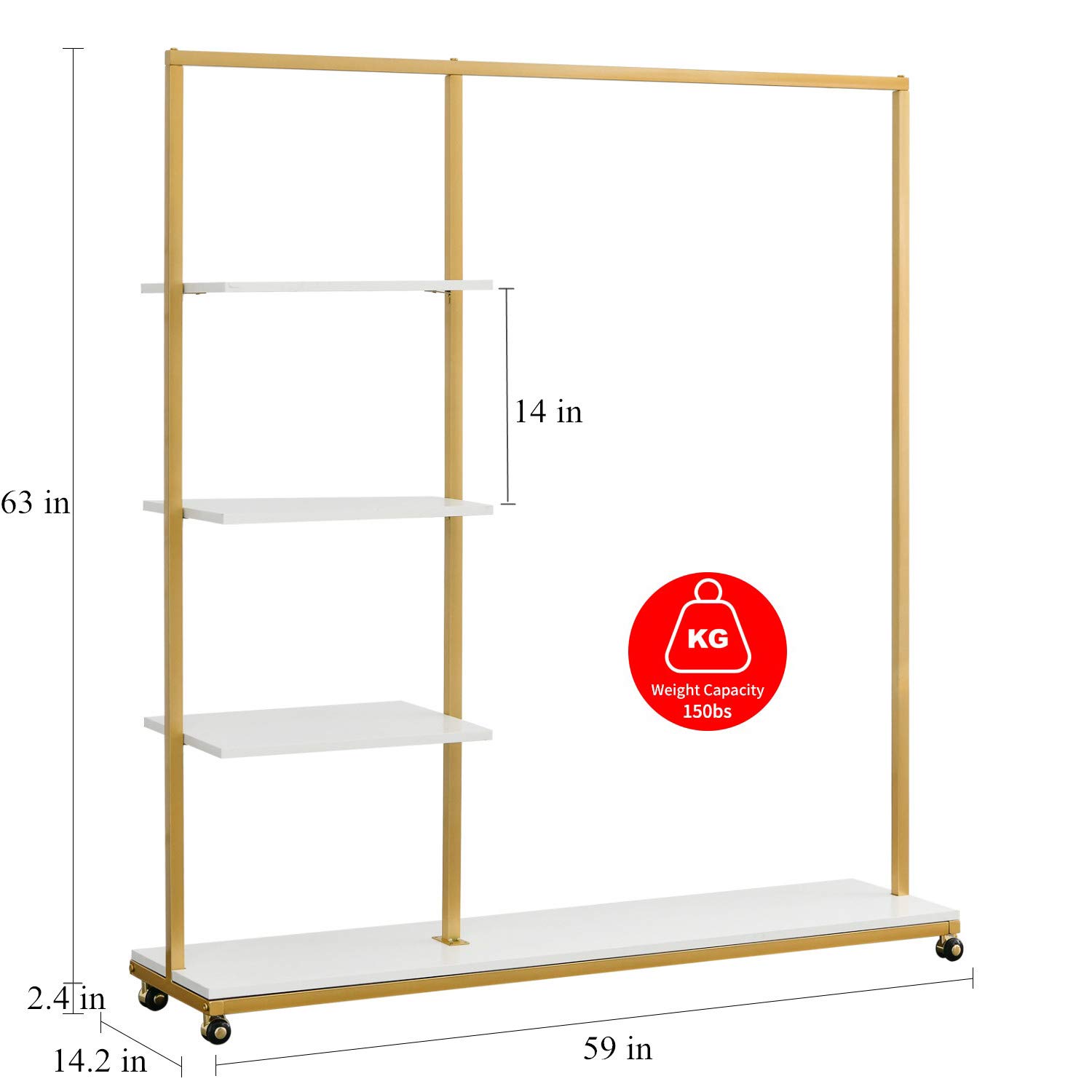 BOSURU 4-Tier Wood Shelf Gold Clothing Rack - Freestanding Modern Garment Display Stand with Wheels for Boutique & Retail Stores | Perfect for Home Closet Organization, Bedroom Storage & Commercial Apparel Displays
