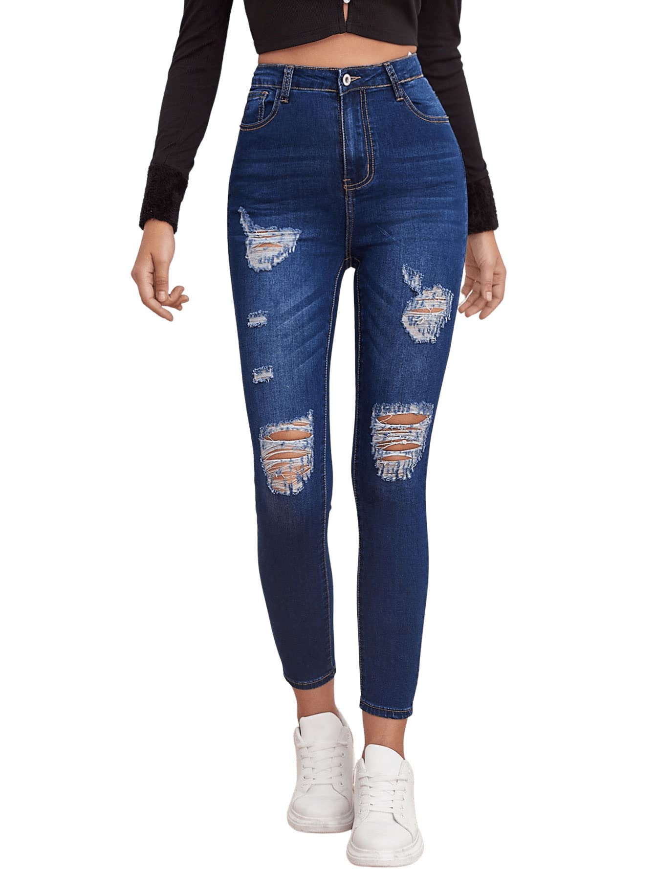 SweatyRocks Women's High Waisted Stretch Ripped Skinny Jeans - Distressed Denim Pants for Casual Wear, Street Style & Night Out