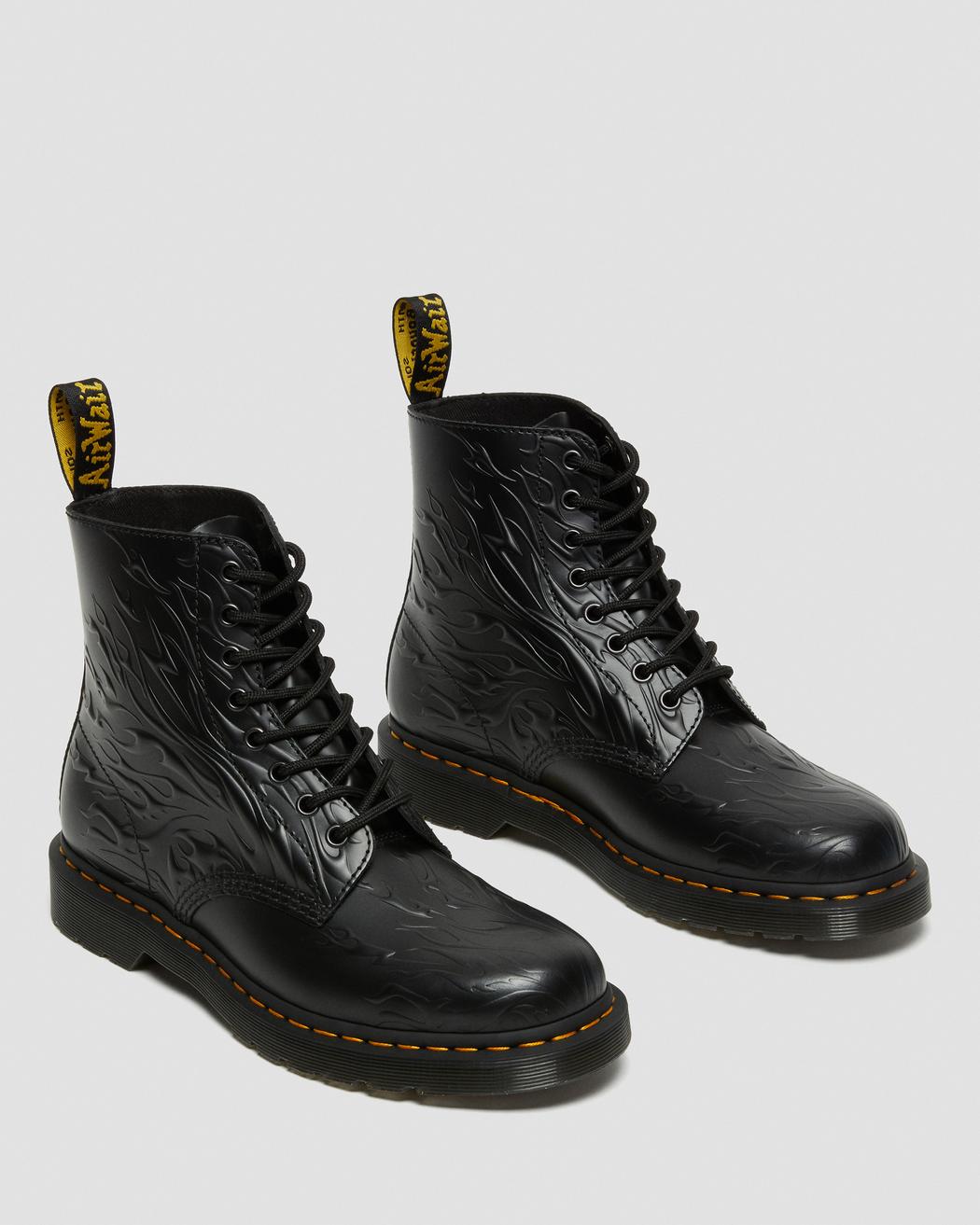 Dr. Martens 1460 Flames Black Polished Smooth Leather Lace-Up Boots for Men & Women - Punk Style Ankle Boots for Concerts, Festivals and Street Fashion