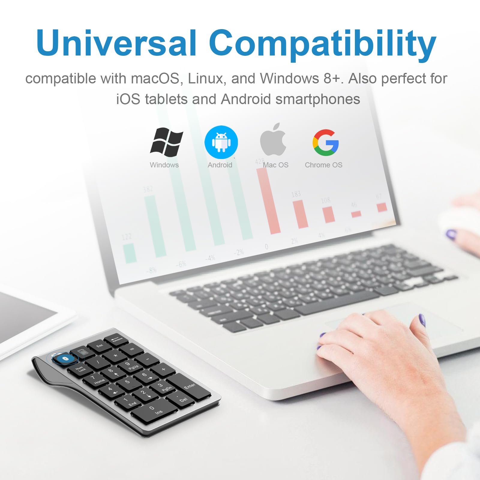 Rechargeable Bluetooth Numeric Keypad for Laptop - Wireless & Wired 22-Key USB Number Pad for MacBook, Chromebook, Surface Pro - Perfect for Accounting, Data Entry and Office Work