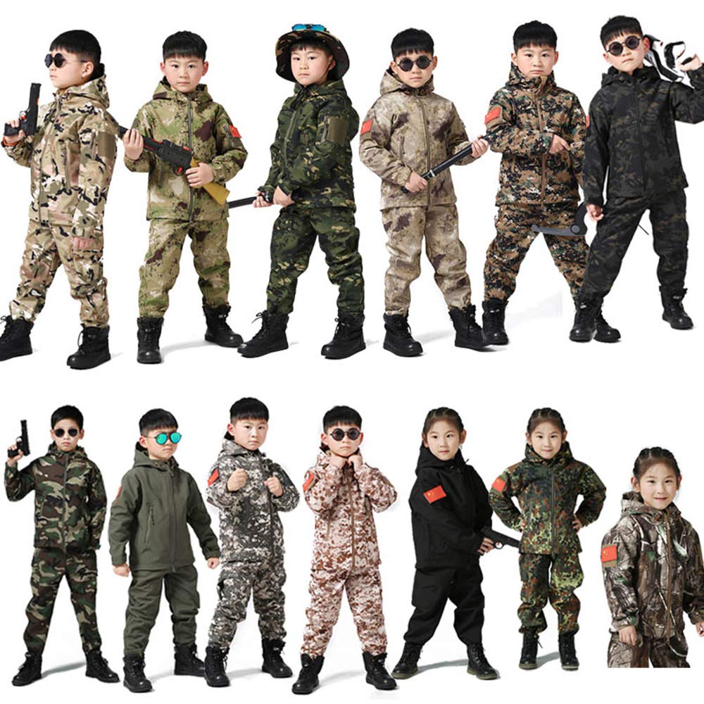 Kids Camouflage Softshell Jacket & Pants Set - Waterproof Windproof Outdoor Hooded Coat for Boys Girls Hunting Hiking Camping