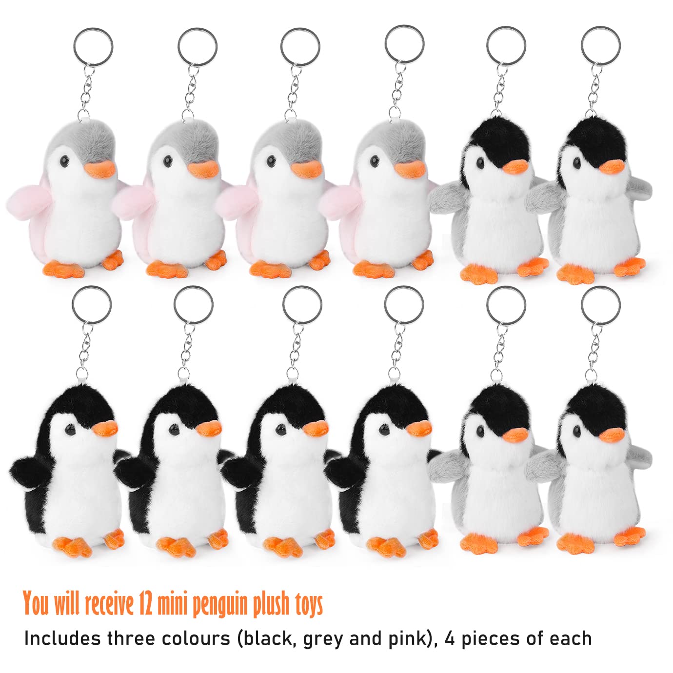 12-Piece Mini Stuffed Animal Penguin Plushies - 4.3 Inch Cute Small Plush Penguins for Party Favors, Keychains, Bag Charms & Home Decor (Black, Grey, Pink) - Perfect for Birthday Parties, Baby Showers & Christmas Stocking Stuffers