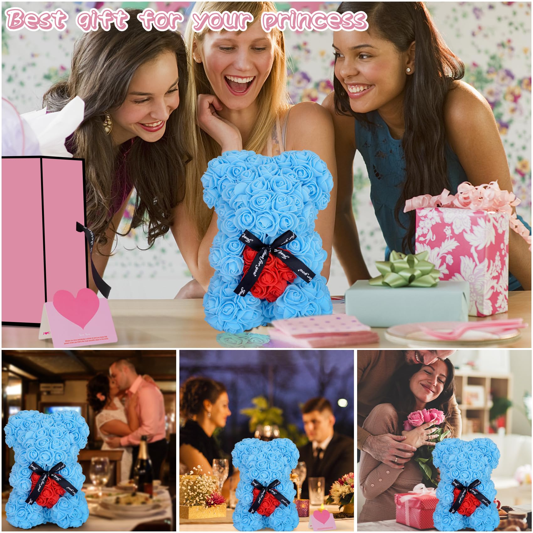HYRIXDIRECT Artificial Rose Bear Gift - Forever Rose Teddy Bear with Everlasting Flowers for Women, Mom, Wife - Perfect for Wedding, Anniversary, Valentine's Day & Mother's Day Gifts