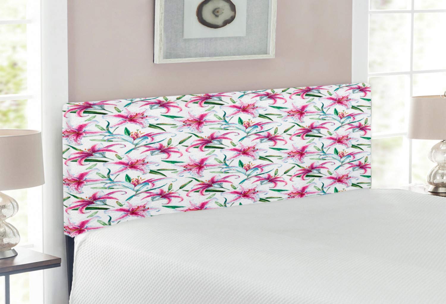 Ambesonne Floral Headboard - Tropical Watercolor Lily Design, Upholstered Metal Bed Frame with Memory Foam, Full Size in Purple & Green | Perfect for Bedroom Decor, Guest Rooms & Bohemian Style Homes