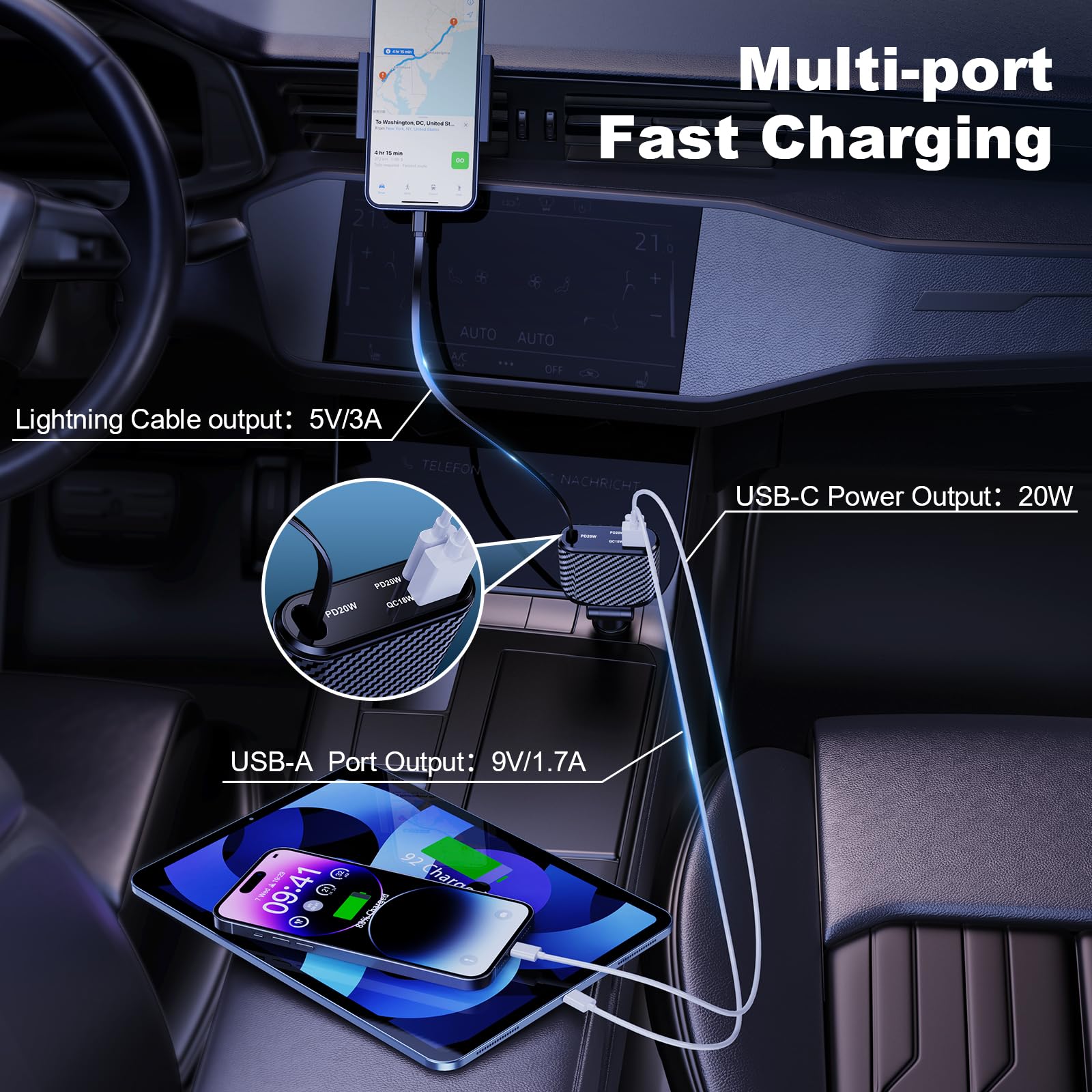 OHLPRO 58W Retractable Car Charger - Super Fast Dual USB Car Phone Charger Adapter with 35.4