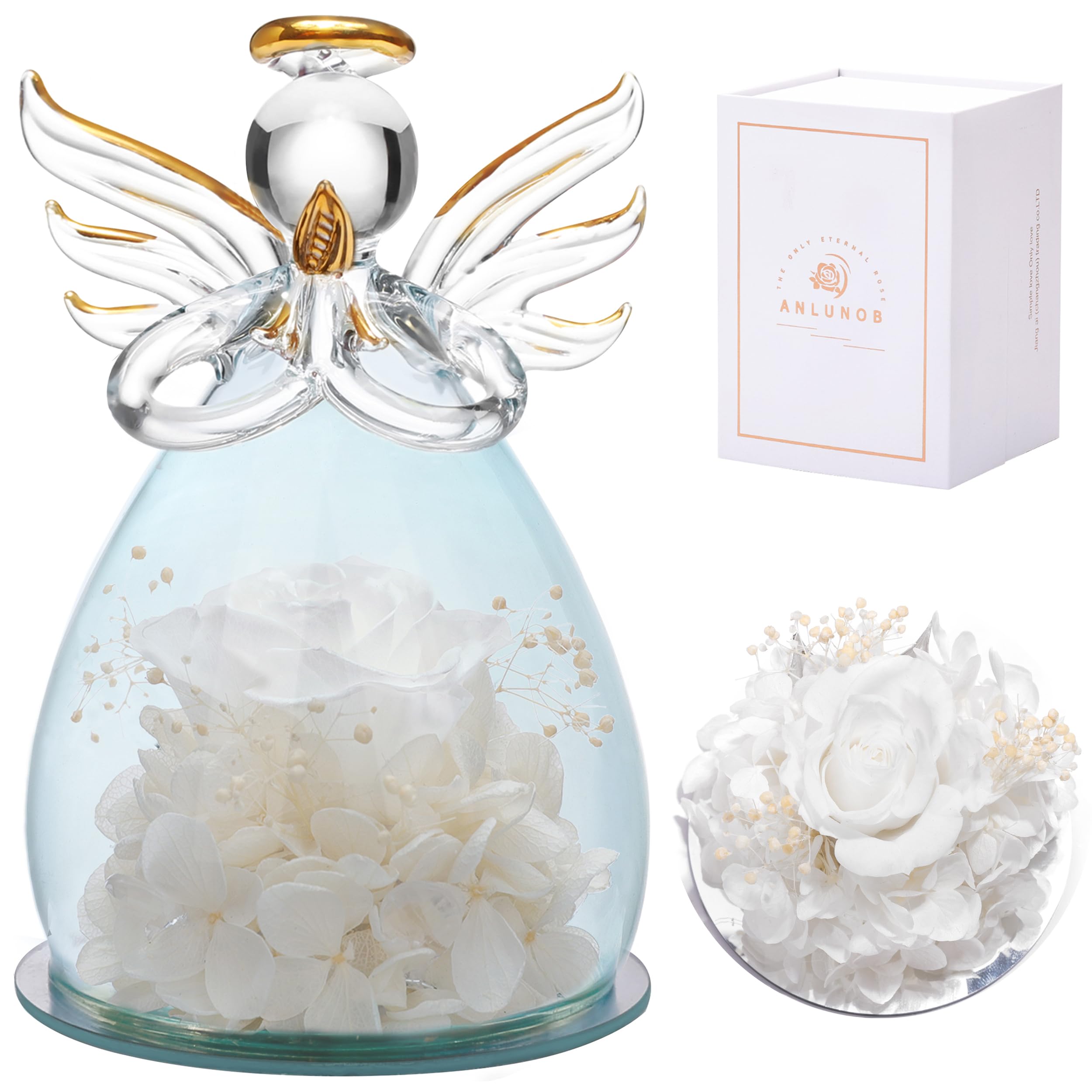 ANLUNOB Glass Angel with Rose Inside - Thoughtful Birthday Gift for Grandma & Mom, Anniversary, Wedding, Christmas, Thanksgiving, Mother's Day - Elegant White Rose Keepsake for Her - Perfect for Home Decor, Special Occasions & Heartfelt Moments