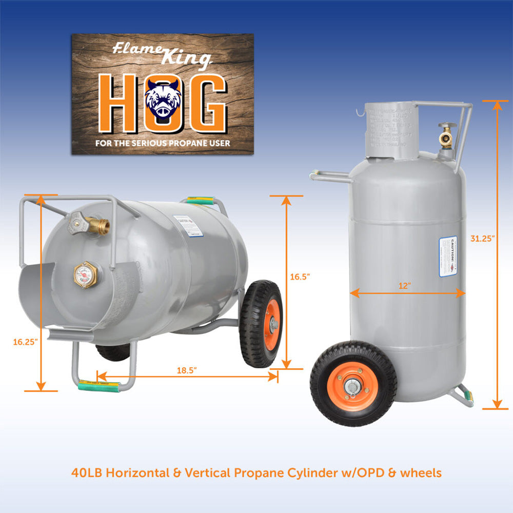 Flame King YSN40HOG 40 LB Horizontal & Vertical Propane Tank with OPD Valve & Wheels - Perfect for Grilling, RV Travel, and Outdoor Camping