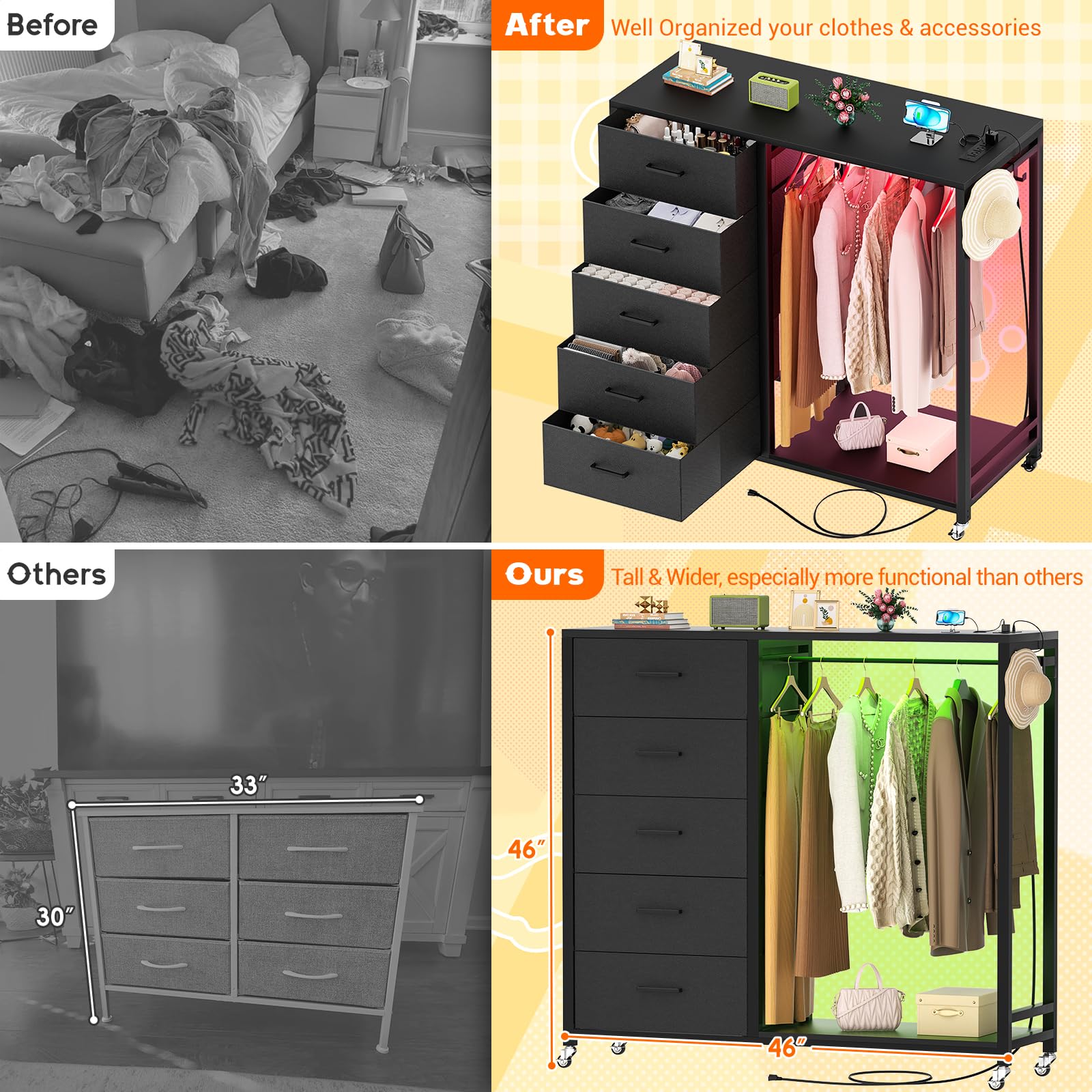 Cyclysio 5-Drawer Dresser with Clothes Rack, Charging Station & LED Lights - Black Storage Chest with Wheels & Wooden Top for Bedroom & Closet Organization | Perfect for Small Spaces, Dorm Rooms & Apartment Living