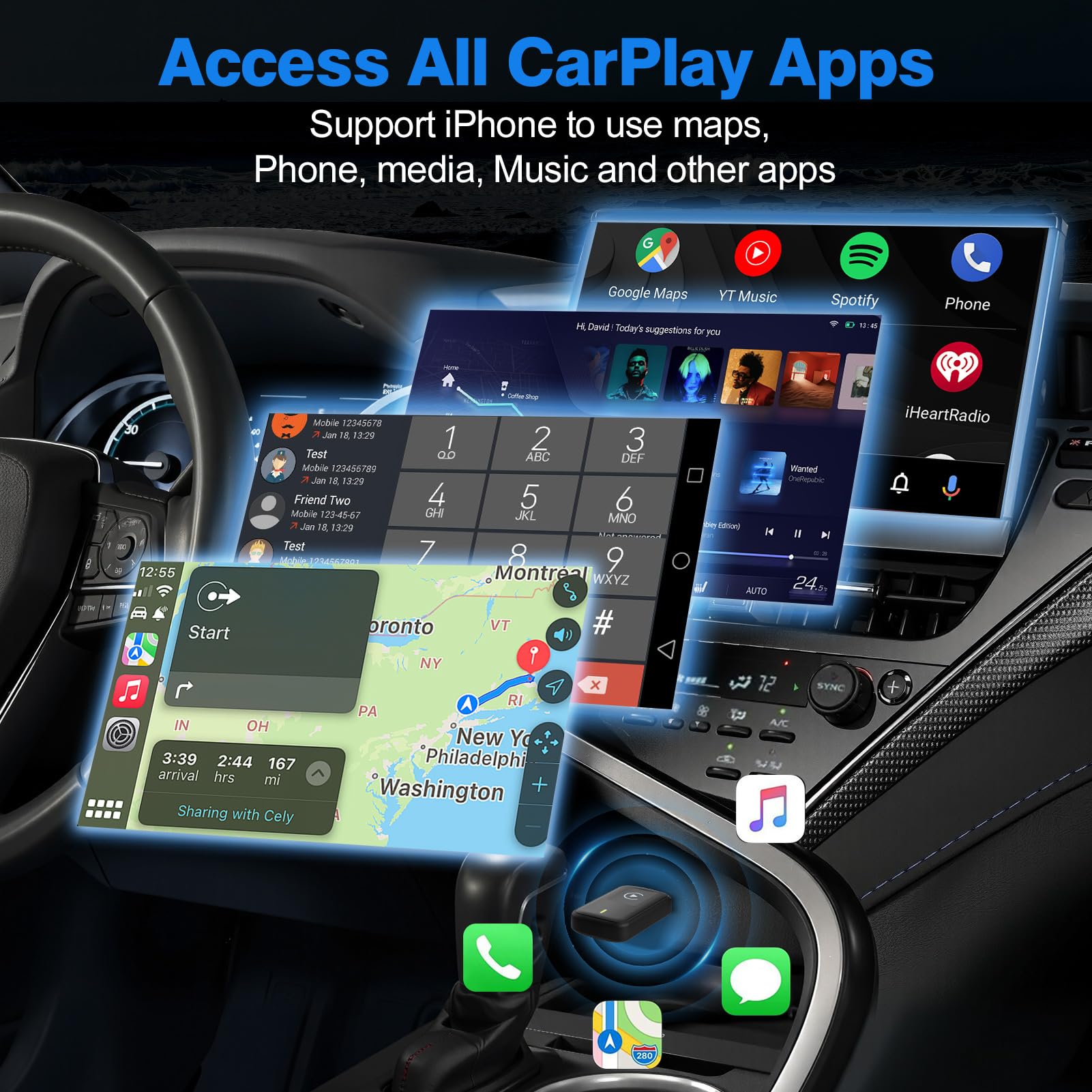 Wireless CarPlay Adapter for iPhone - Plug & Play USB CarPlay Dongle Converts Wired to Wireless, Compatible with Apple iPhone iOS 10+ & Cars from 2016 (Black) | Enjoy Hands-Free Music, Navigation & Calls While Driving