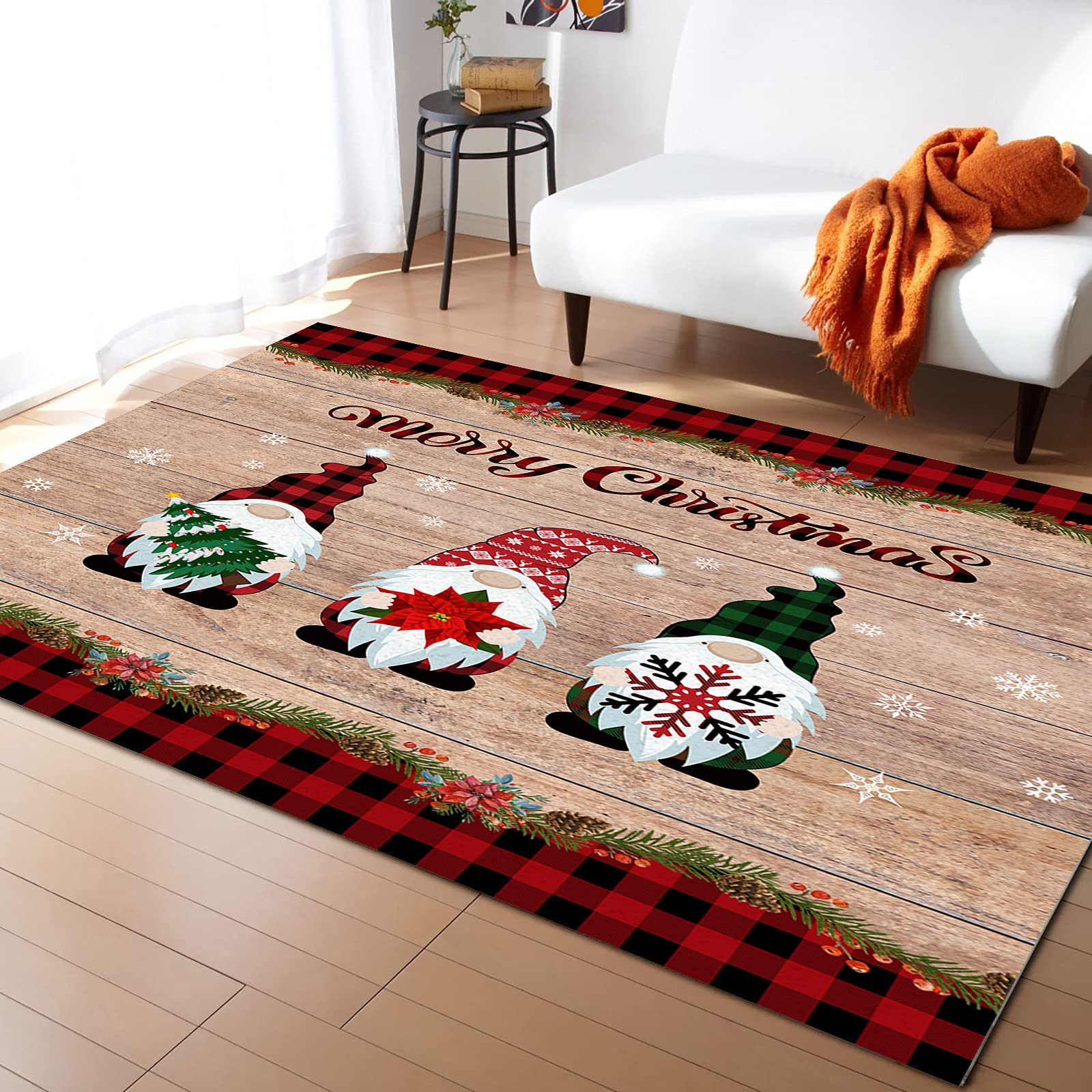 LEOSUCRE 5' x 8' Christmas Area Rugs - Gnomes Snowflake Poinsettia Modern Throw Carpet for Living Room, Bedroom, Nursery & Kitchen | Non-Slip Floor Covering for Holiday Decor & Cozy Home