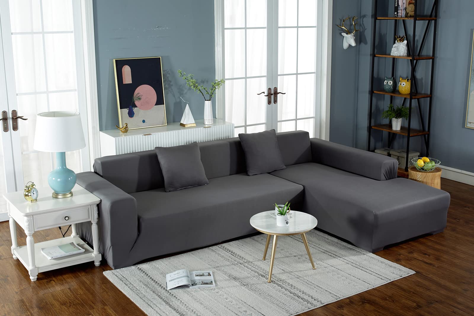Stretchable L-Shaped Sectional Sofa Cover for 2/3/4 Seat Couches - Anti-Slip Furniture Protector & Sofa Slipcover (Black, 3+4 Seat) - Perfect for Living Room, Family Room & Home Theater Comfort