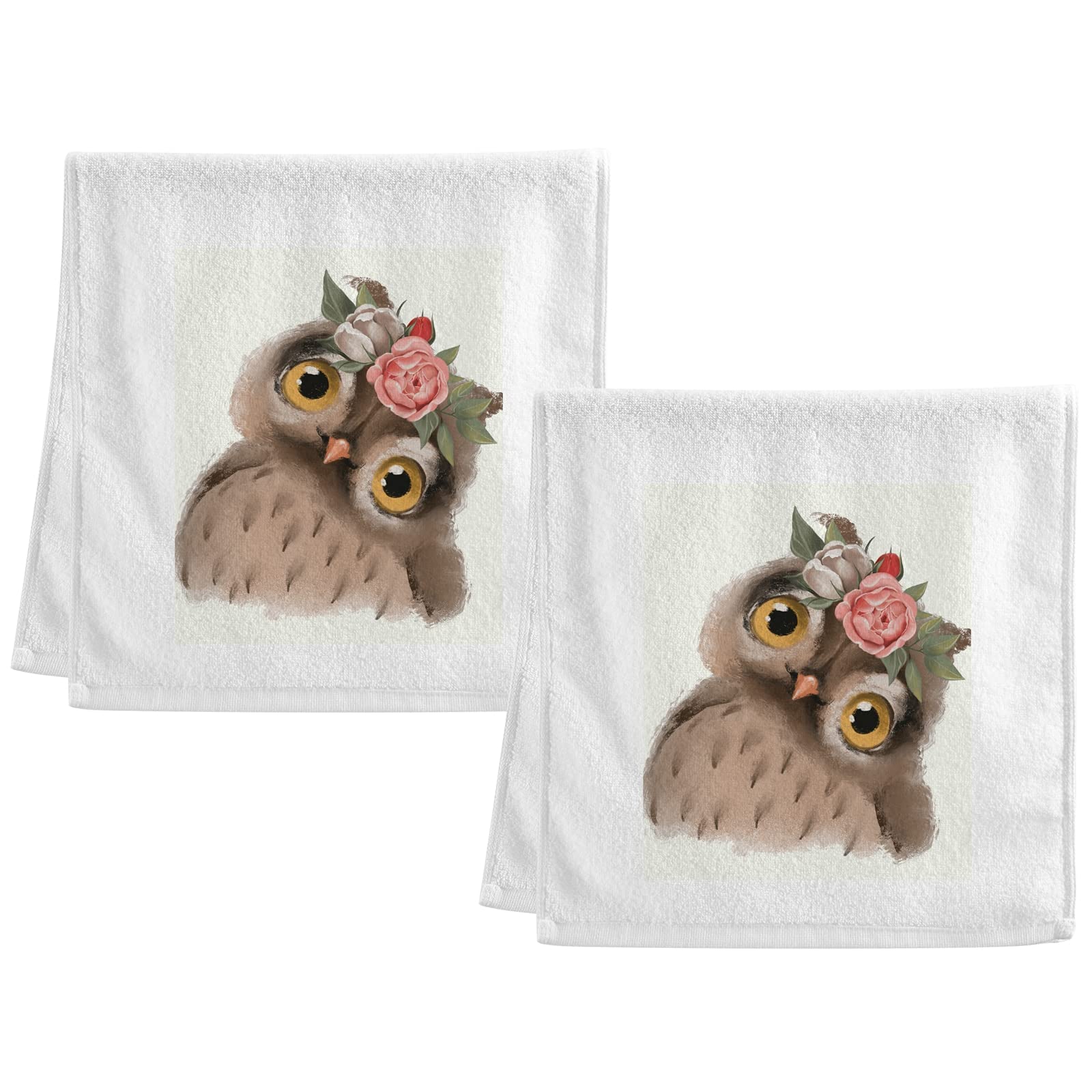 ALAZA Hello Owl Floral Wreath Bath Towels - 100% Cotton Hand Towels for Bathroom 16x30 Inches, Ultra Absorbent & Skin-Friendly Soft Towel Set of 2 - Perfect for Guest Bathrooms, Farmhouse Decor, and Cozy Home Use