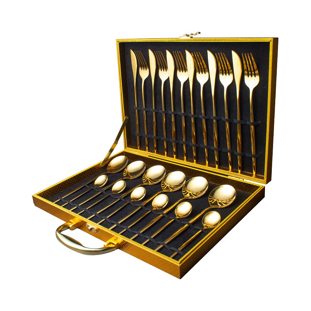24-Piece Gold Stainless Steel Flatware Set - Luxury Silverware Cutlery Set with Knife, Fork, Spoon - Dishwasher Safe Dinnerware Set in Gift Box - Perfect for Weddings, Dinner Parties & Holiday Gifting (Gold with Box)