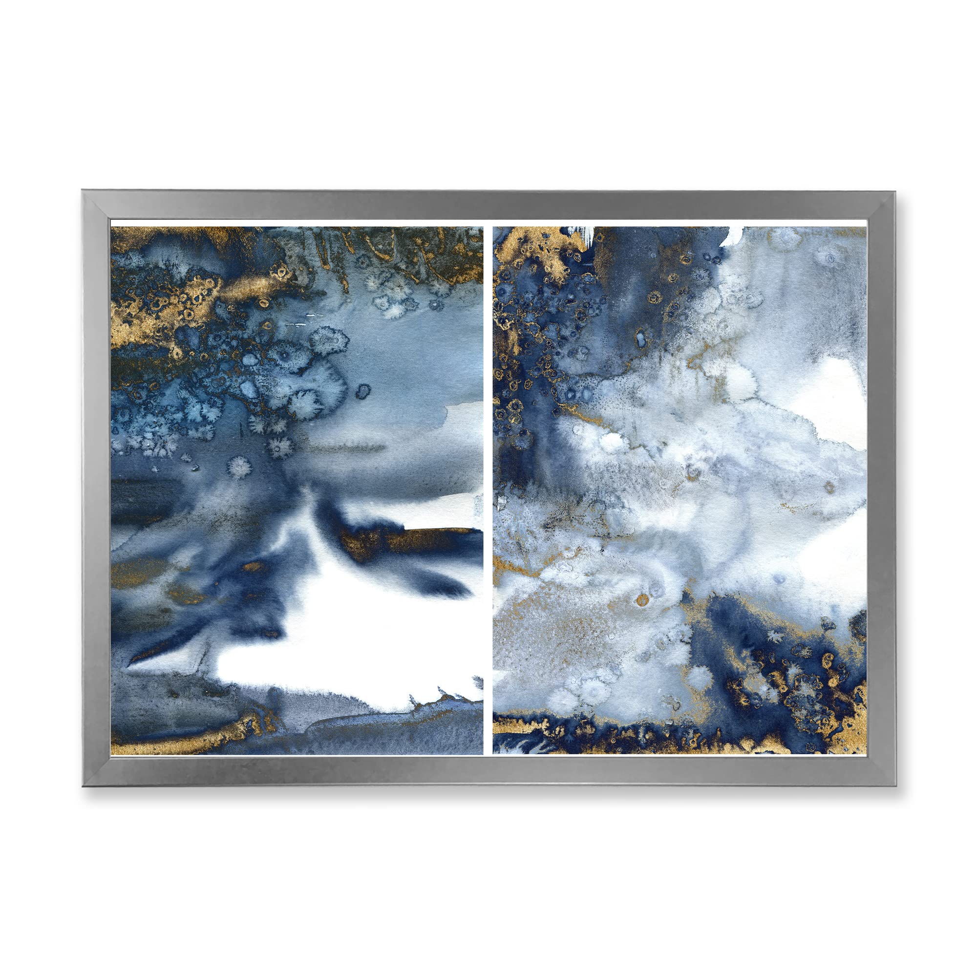 DesignQ Dark Blue and Gold Abstract Waves IV Modern Framed Wall Art - Premium Canvas Painting for Living Room, Bedroom & Office Decor