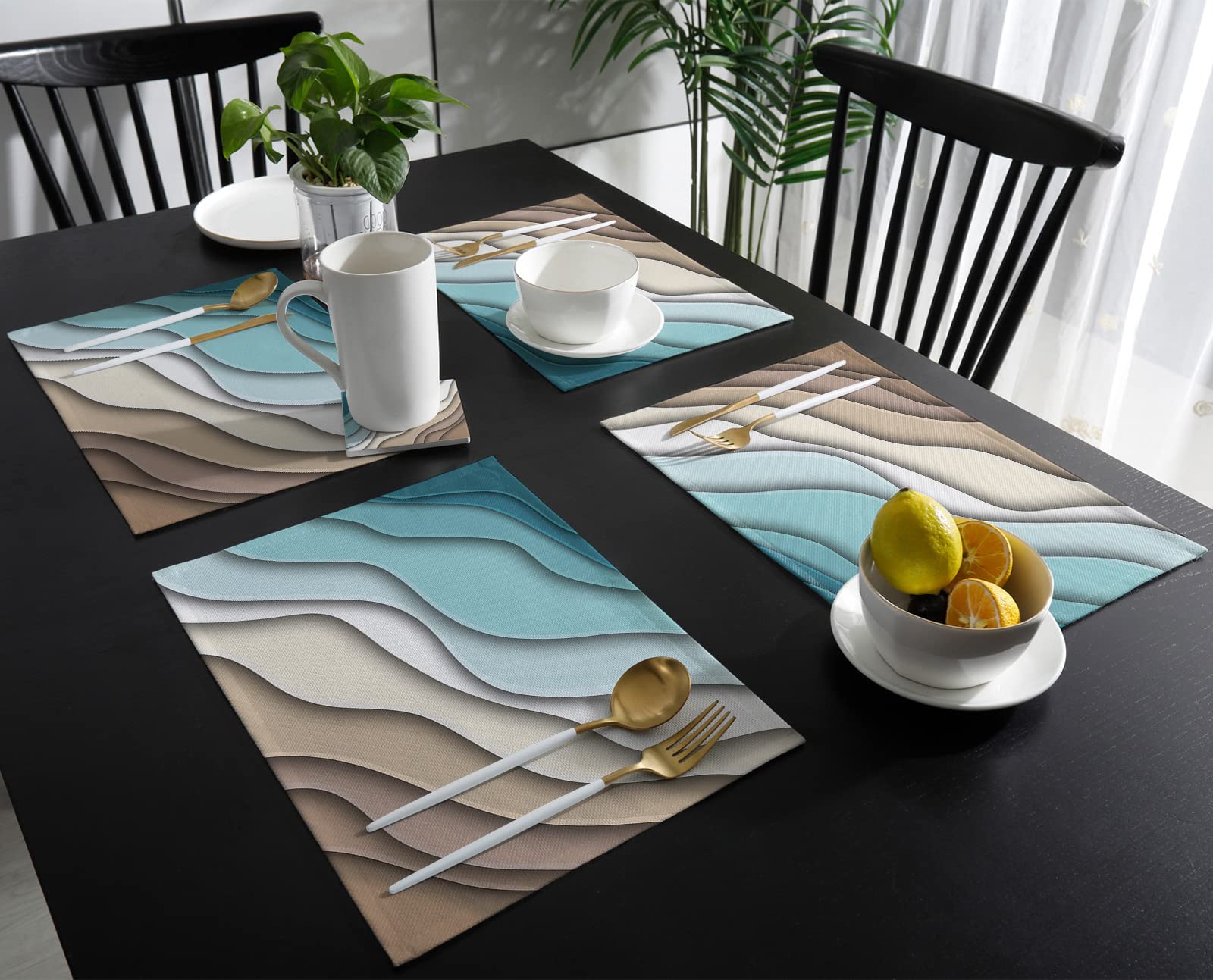 Modern Geometric Placemats Set of 6 - Teal Blue Ombre Abstract Washable Table Mats for Dining Room, Kitchen Decor, Dinner Table, Party & Holiday Gatherings