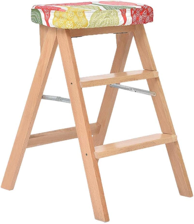 OKUOKA Wooden Step Stool for Home, Foldable Ladder Stool with Removable Fabric Cover - Safe & Sturdy for Kids, Kitchen, Bathroom, and Storage Use