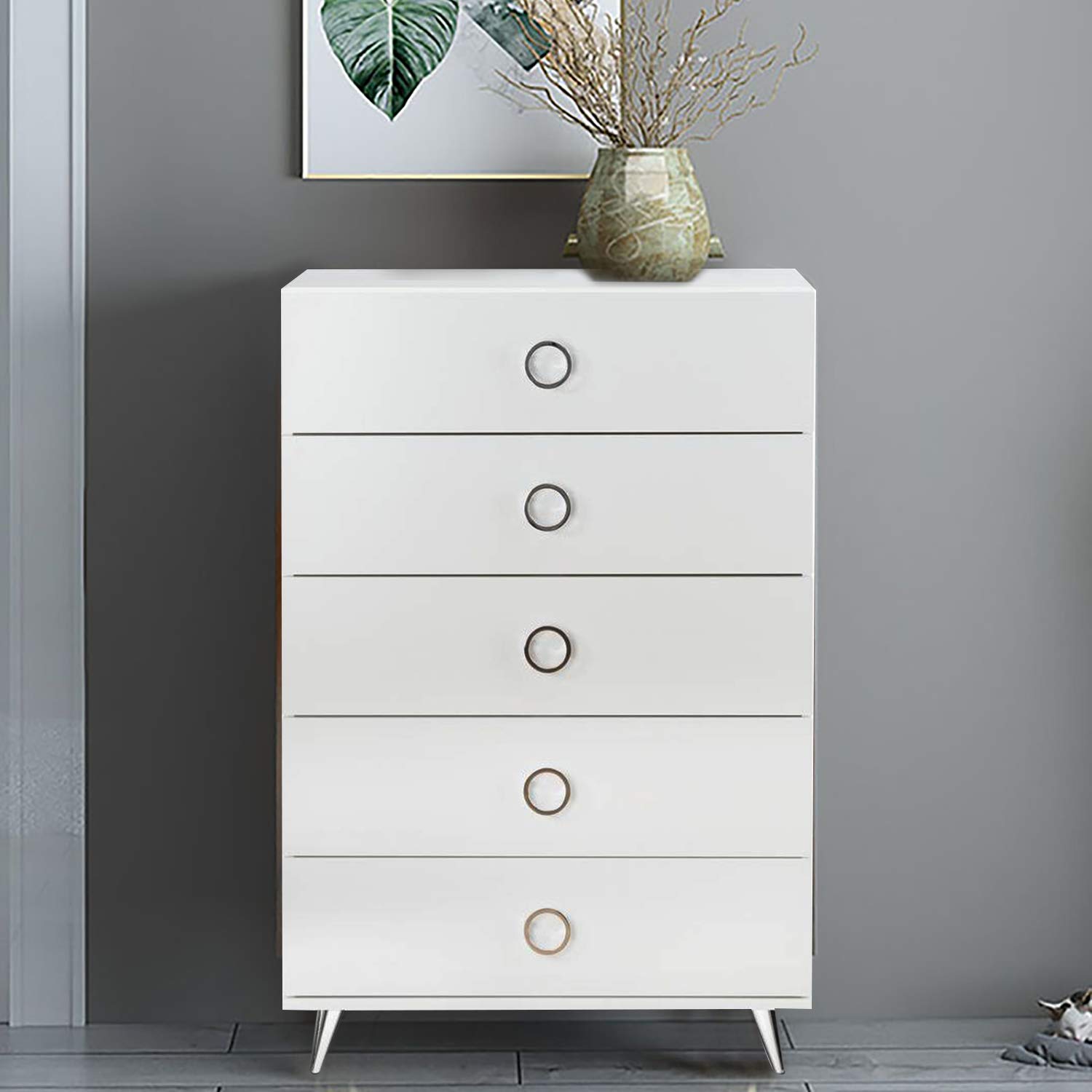 SSLine 5-Drawer Dresser - Modern Wooden Chest of Drawers Storage Cabinet - Bedroom Closet Organizer for Clothes, Towels & Linens - Perfect for Bedroom, Living Room & Laundry Room (White)