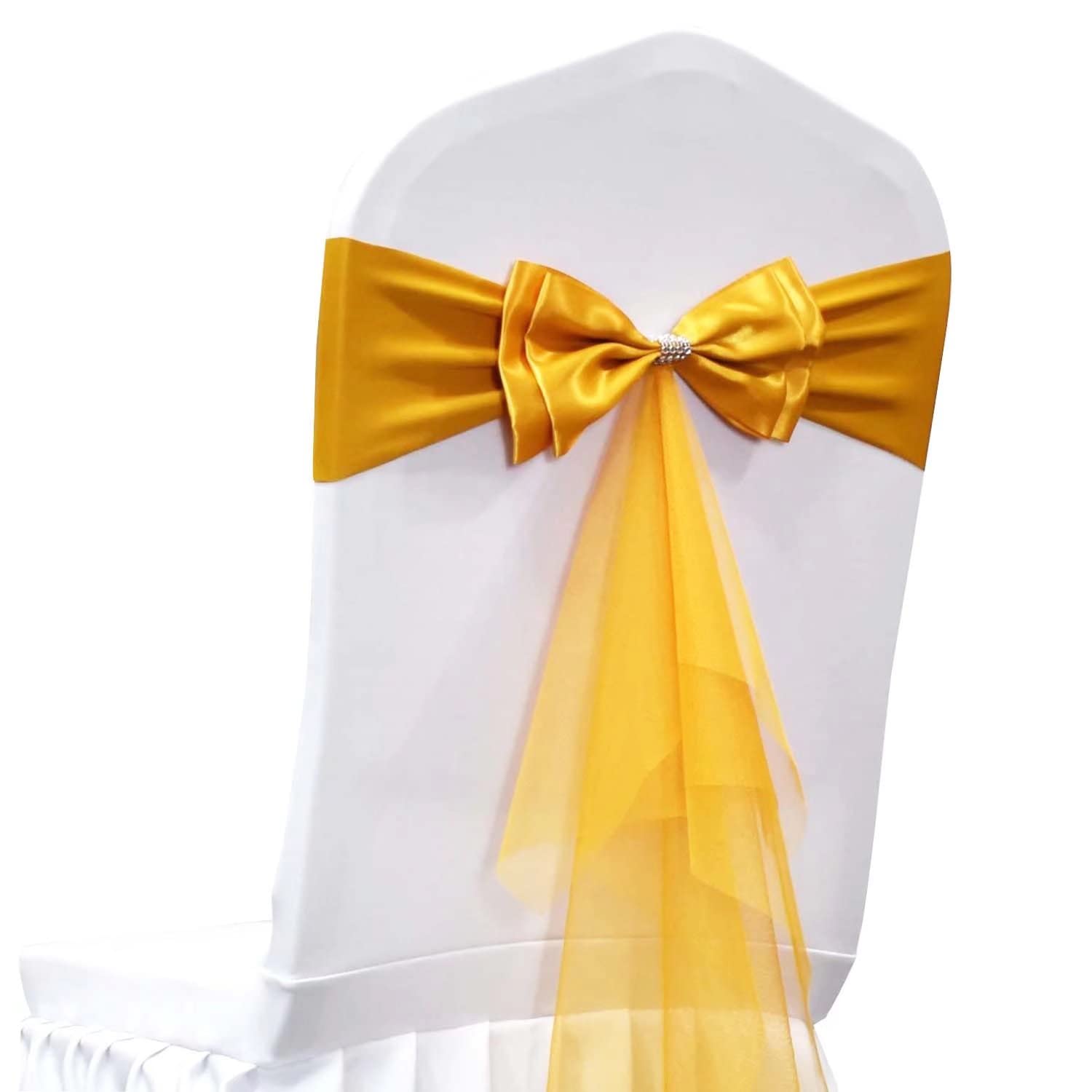 Stretch Spandex Chair Sashes - 100pcs Gold Polyester Chair Ribbons & Bows for Wedding, Banquet, Party Decorations | Perfect for Hotel Events, Bridal Showers & Reception Chair Decor