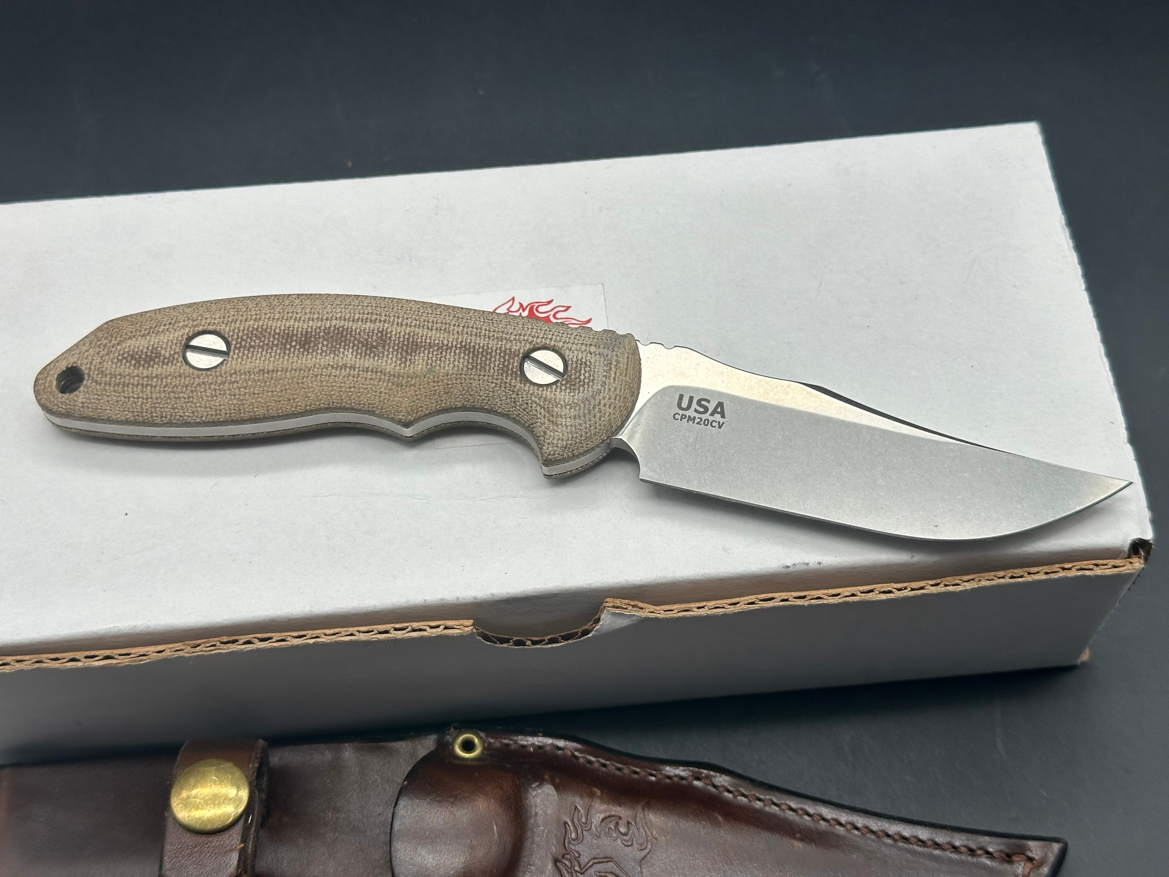 Hinderer Emmett Bowie Fixed Blade Knife - 20CV Stonewashed Steel, Green Micarta Handle - Hunting, Camping, Outdoor Survival Gear