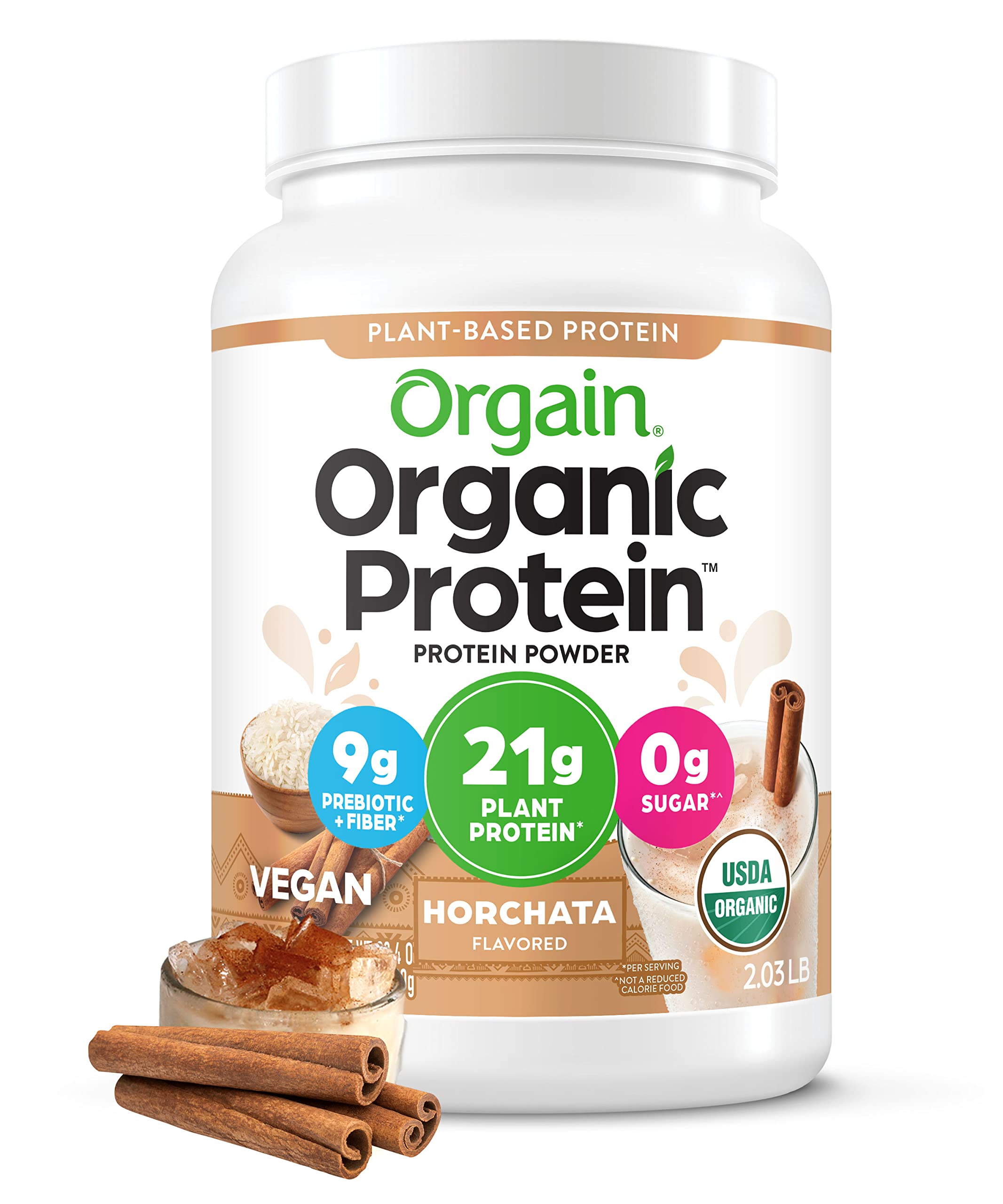 Orgain Organic Vegan Protein Powder, Horchata Flavor - 21g Plant Based Protein, Low Carb, Gluten Free, Dairy Free, No Sugar Added, Soy Free, Non-GMO, Kosher Certified (2.03 lb) - Perfect for Smoothies, Baking & Post-Workout Recovery