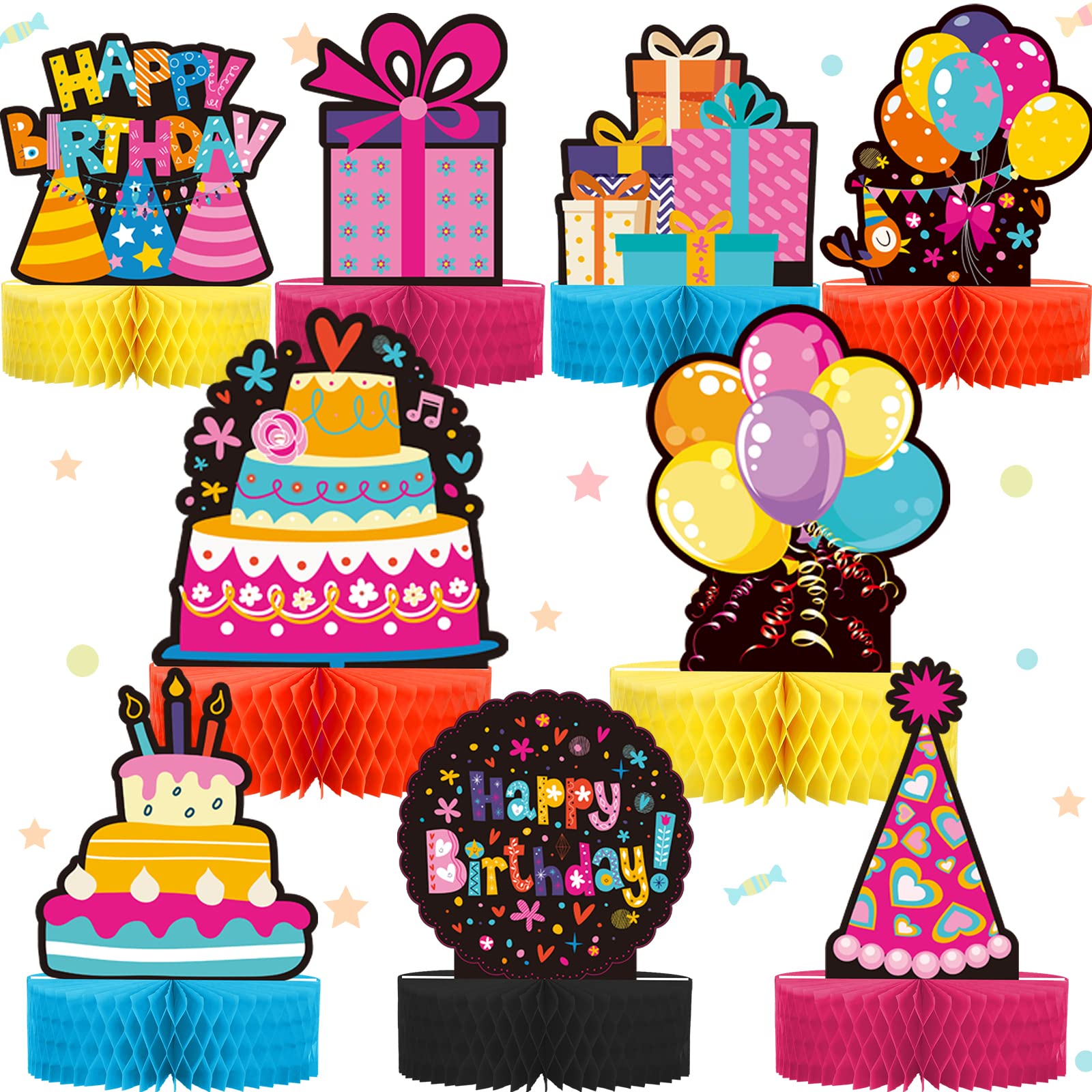 9 Pcs Colorful Happy Birthday Honeycomb Centerpieces - Rainbow 3D Paper Party Decorations for Birthday, Baby Shower & Table Toppers | Perfect for Party Decor, Home Celebration & Festive Events