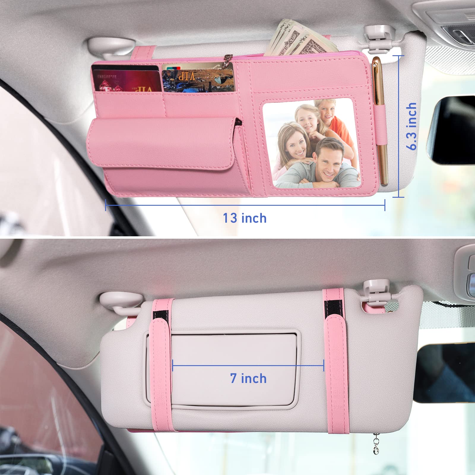 Pink Car Visor Organizer with Glasses Holder & Picture Frame - Auto Sun Visor Storage for Women - Essential Truck Accessories for Sunglasses, Cards & Photos - Perfect for Road Trips & Daily Commutes