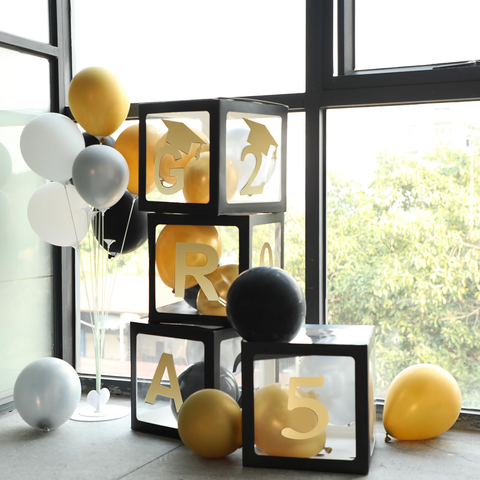 Fonder Mols 2025 Graduation Balloon Box Set - Elegant Black & Gold Party Decor for High School, College & Kindergarten Graduation Ceremonies - Perfect for Photo Backdrops, Table Centerpieces & Celebration Displays (Balloons Not Included)