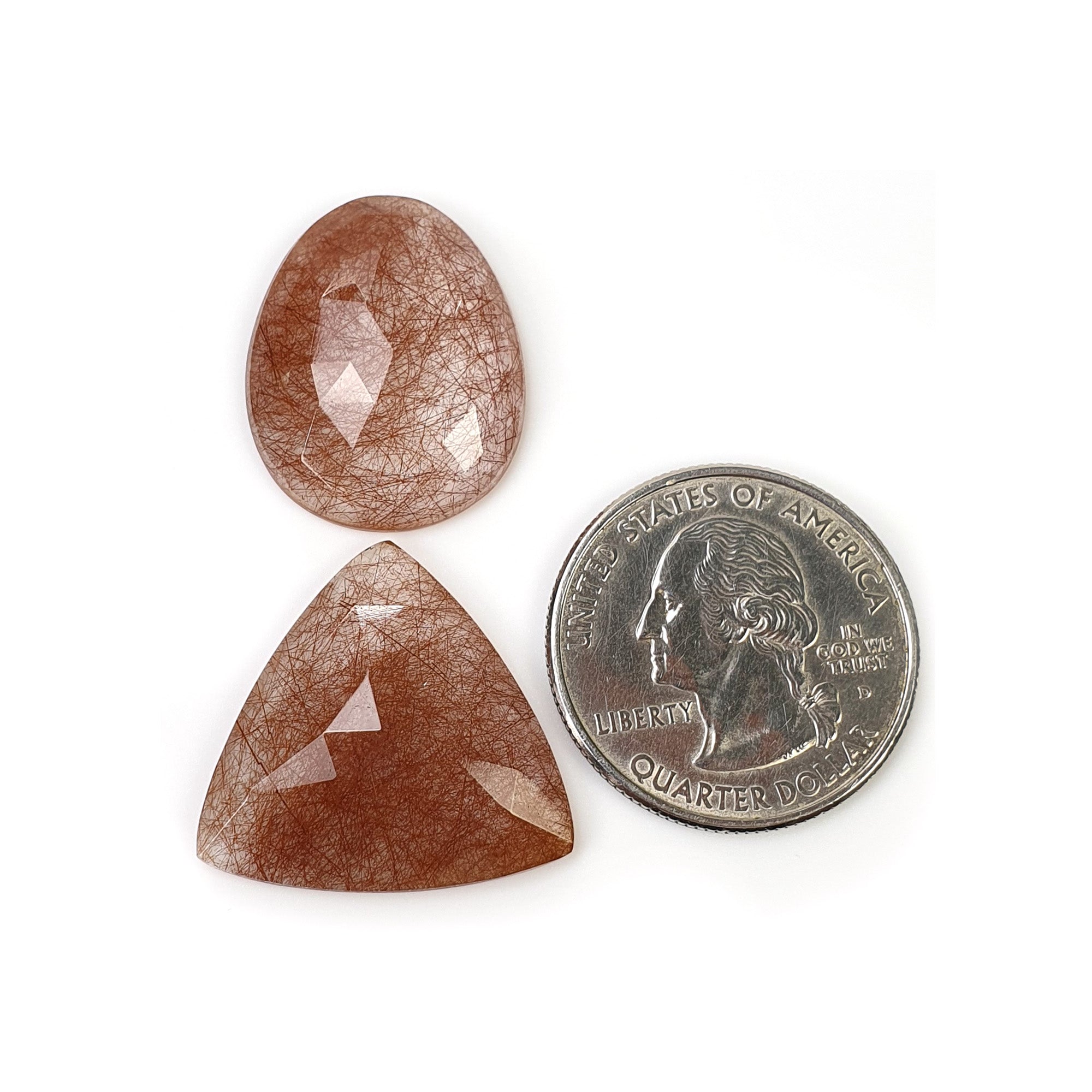 Natural Brown Rutile Quartz Gemstone - 31.00cts Untreated Rose Cut Triangle & Egg Shape (23x19mm, 2 Pieces) for Jewelry Making, Healing Crystals & Mineral Collection - Includes Video
