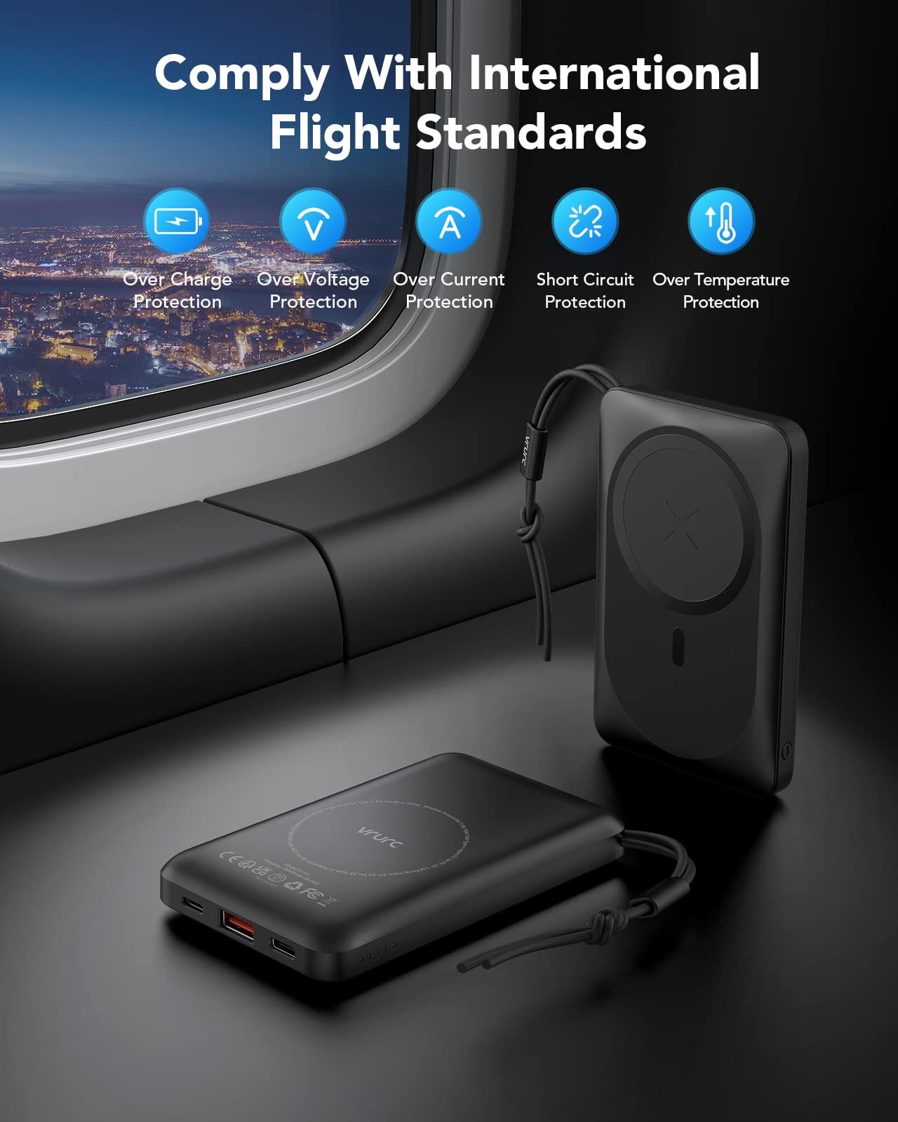 VRURC 10000mAh Magnetic Wireless Portable Charger - PD 20W Fast Charging Power Bank with USB-C & Finger Holder for iPhone 15/14/13/12 Pro/Pro Max/Plus/Mini - Perfect for Travel, Work & Outdoor Activities (Black)