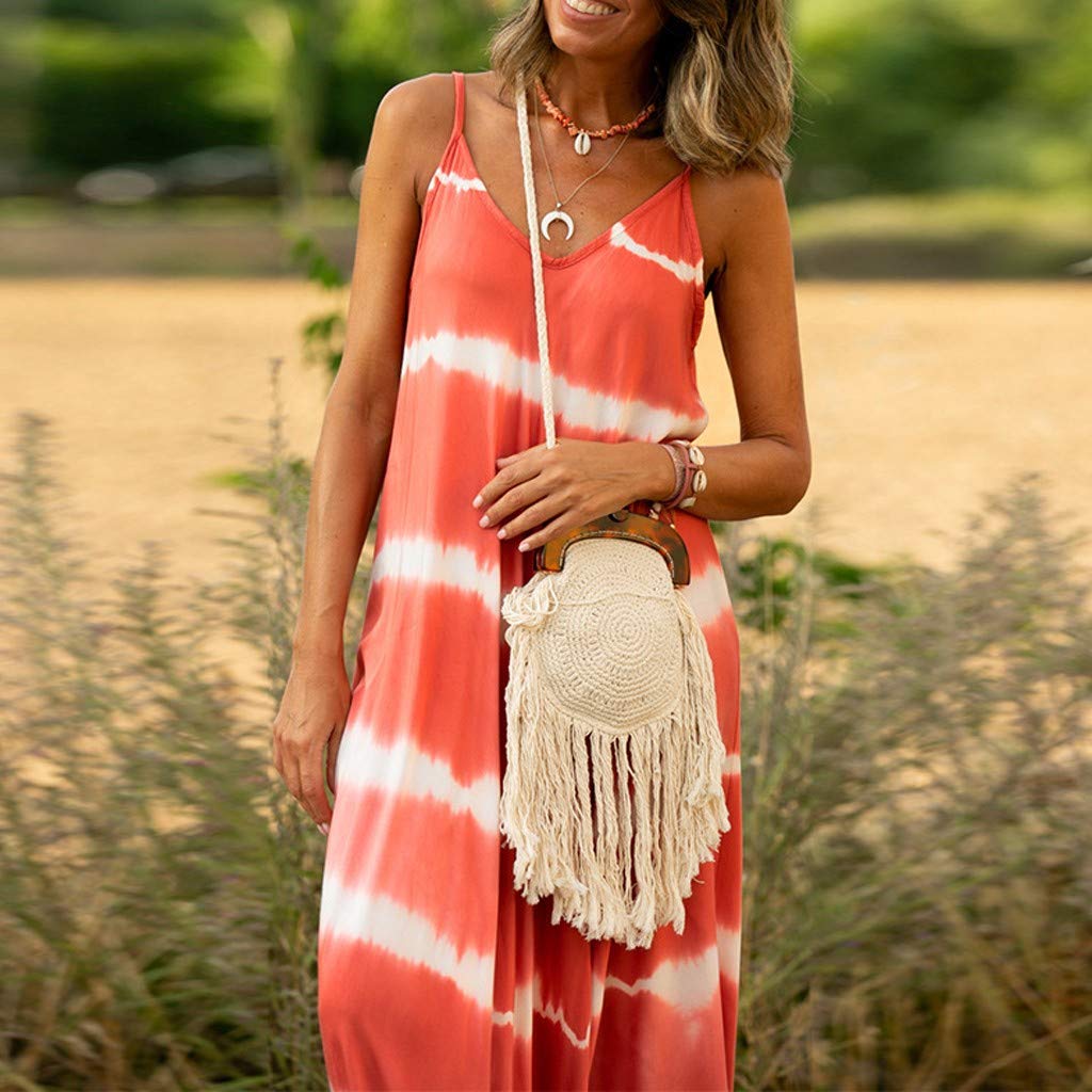 Plus Size Women's Mini Dress - Gradient Tie-Dye Striped V-Neck Loose Maxi Dress (Sizes S-5XL) | Summer Casual Outfit for Teens | Perfect for Beach Parties, Date Nights & Vacation Wear