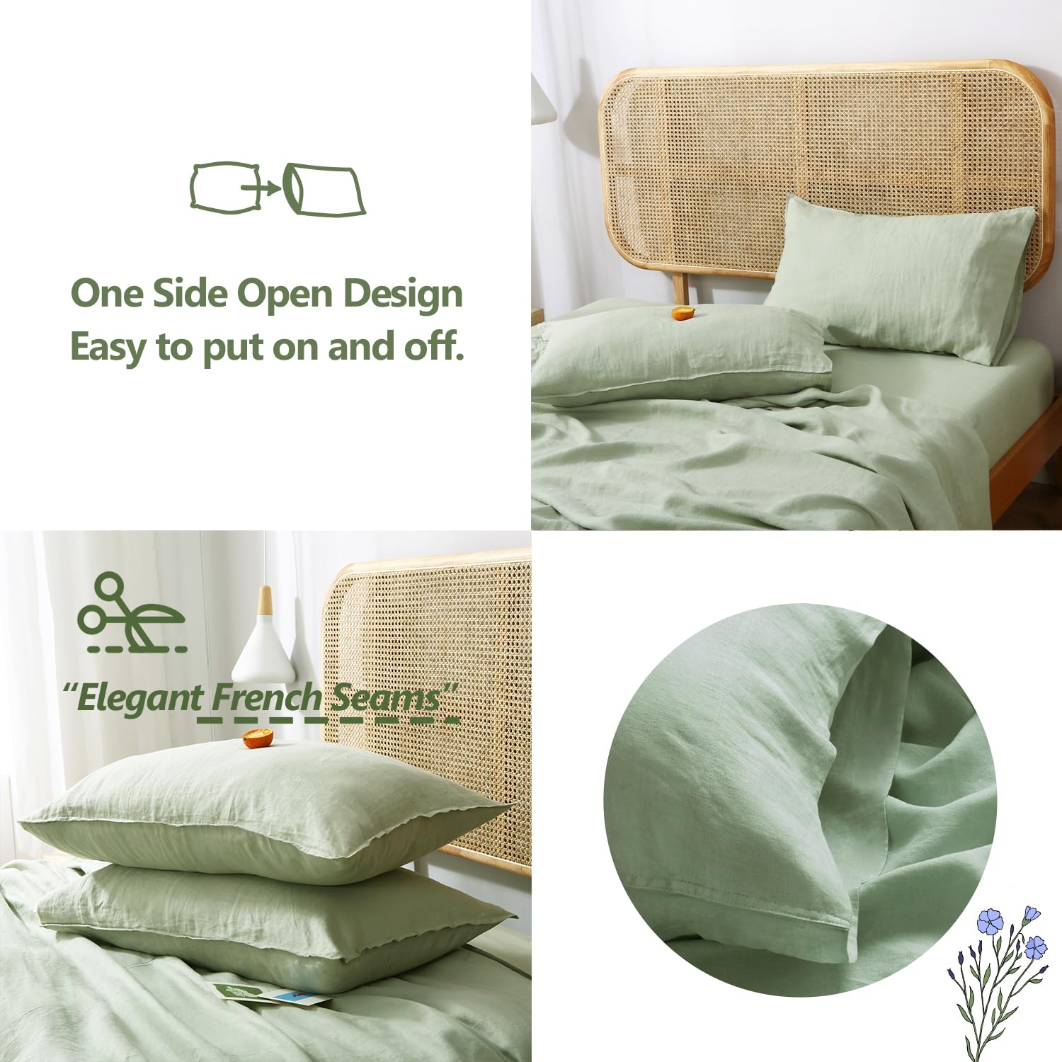 100% Organic French Natural Linen Bed Sheets Set - Stone Washed 3-Piece Ultra Soft & Breathable Luxury Bedding (Light Green, Twin Size) | Eco-Friendly Home Decor for Master Bedroom, Guest Room & Vacation Homes