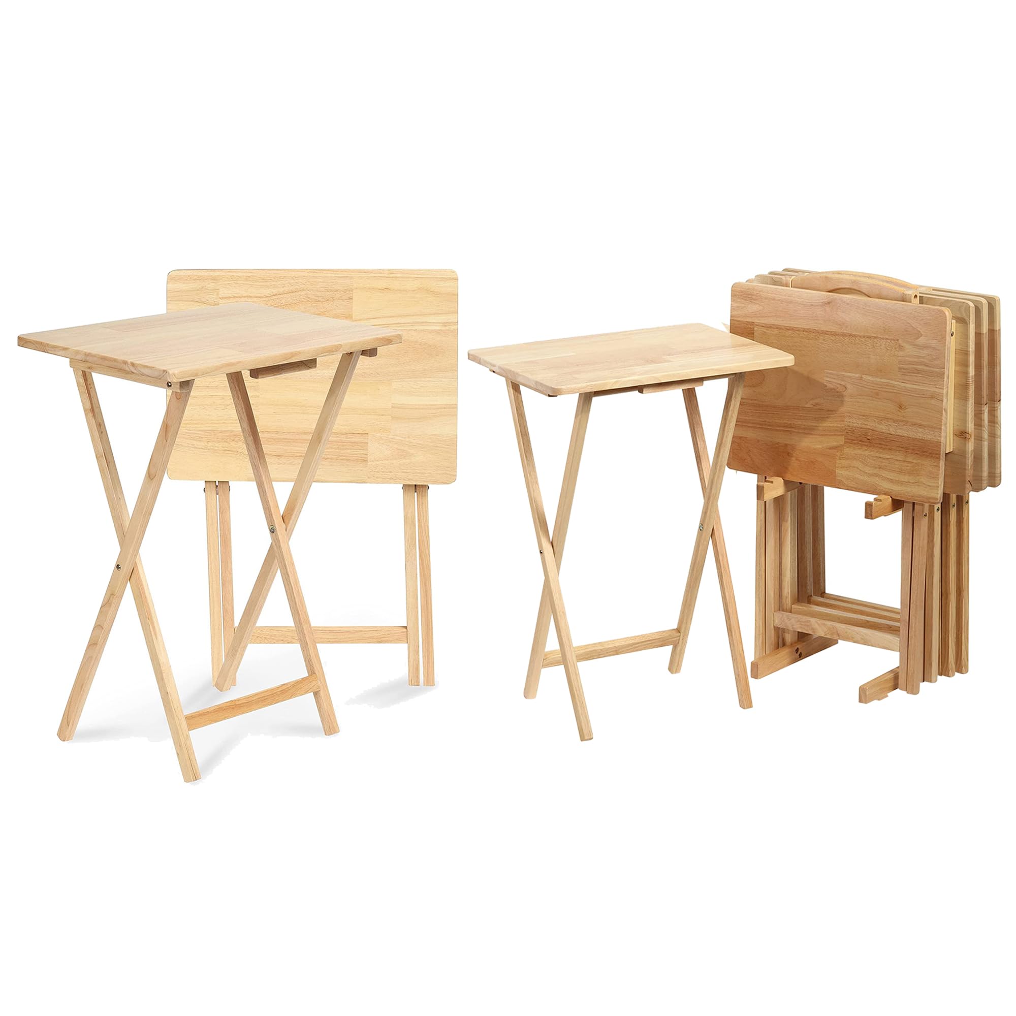 Solid Wood Folding TV Tray Table with Storage Rack - Portable Rectangle Snack Serving Tray for Living Room, Bedroom & Sofa - Natural Finish (Set of 7) - Perfect for Movie Nights, Breakfast in Bed & Small Space Living