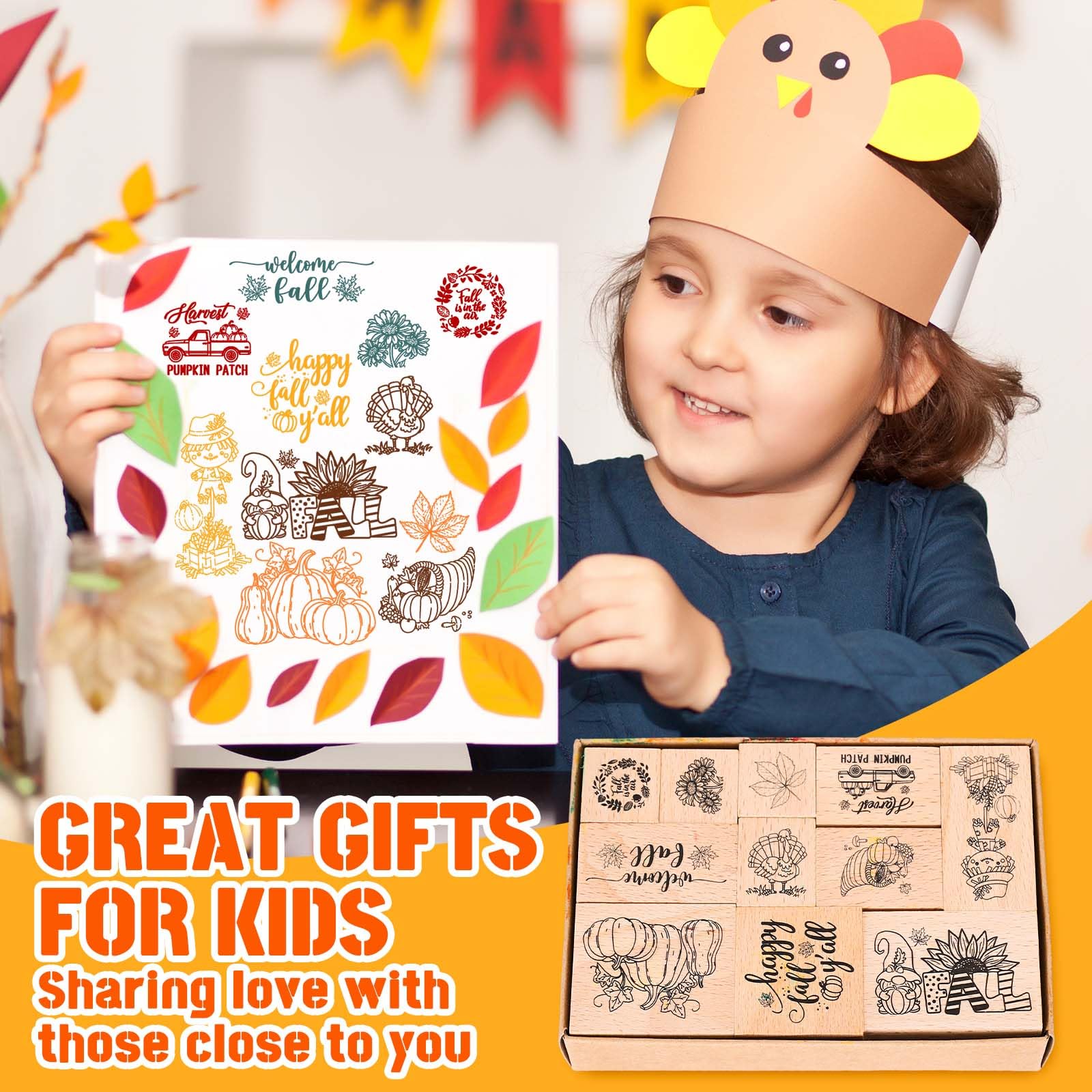 16Pcs Fall Wooden Rubber Stamps Set with Ink Pads - Autumn DIY Craft Kit for Thanksgiving Cards, Scrapbooking, Classroom Projects & Party Decorations - Perfect for Seasonal Greeting Cards, Gift Wrapping & Home Decor