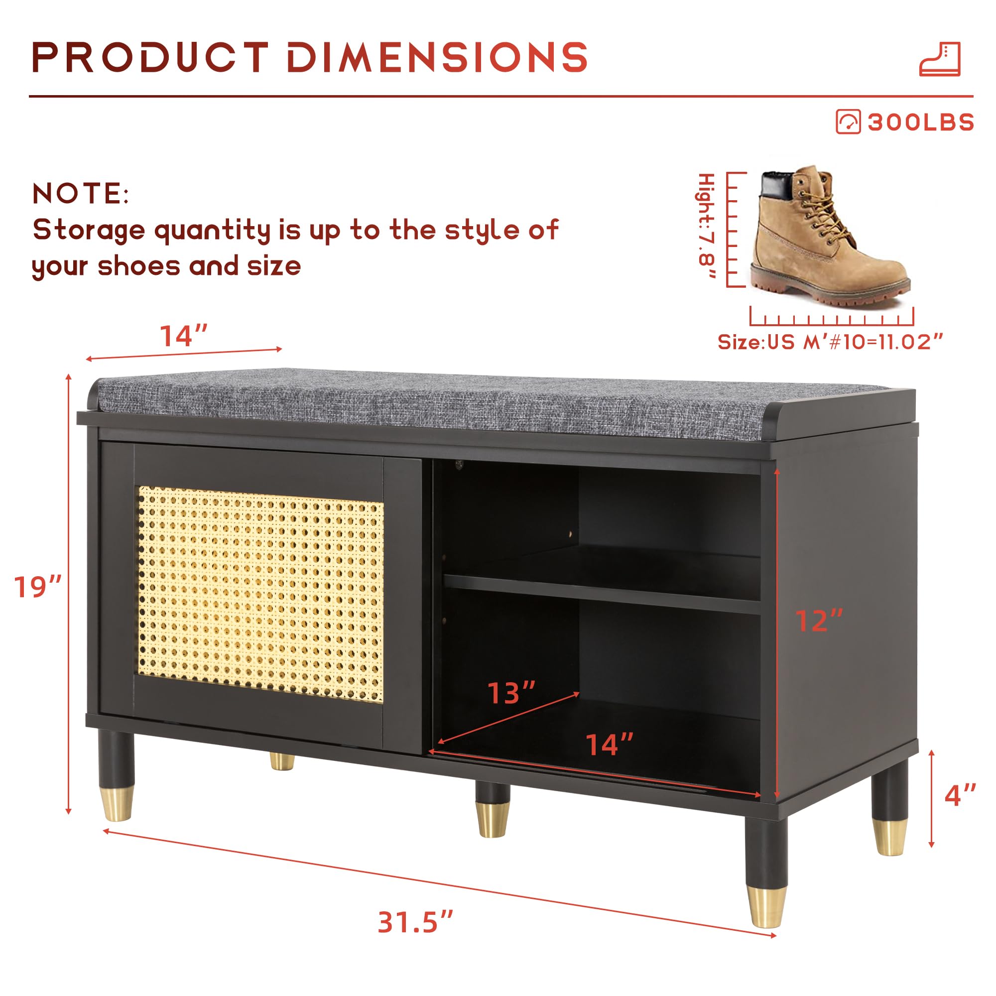Anbuy Shoe Storage Bench for Entryway - Rattan Door Shoe Rack with Soft Cushion, 300 lb Weight Capacity, 31.5 x 13.78 x 19.1 Inches (Black) - Perfect for Hallway, Mudroom, and Closet Organization