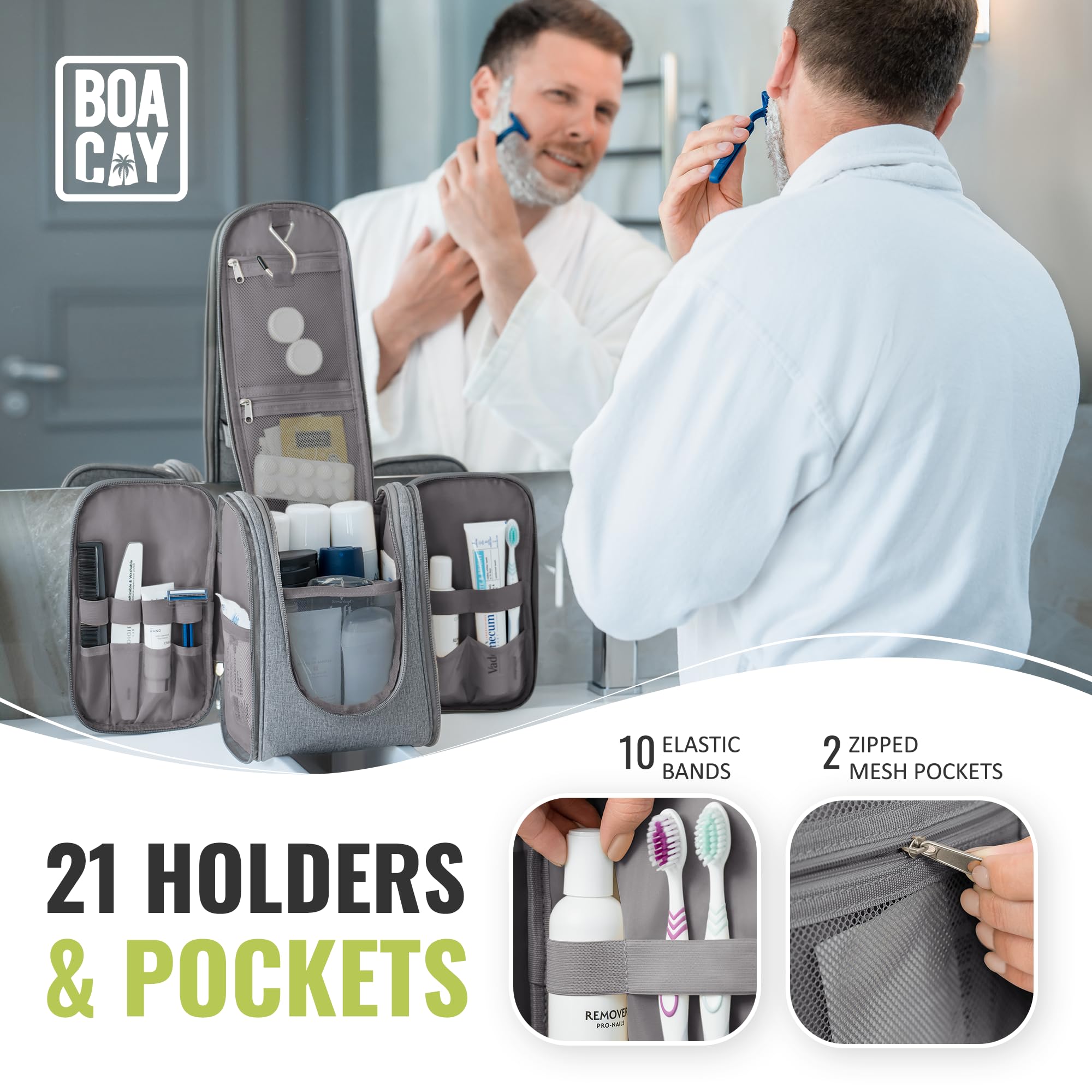 BOACAY Hanging Travel Toiletry Bag for Women & Men - Waterproof Makeup Organizer with Multiple Pockets for Cosmetics, Toiletries & Travel Essentials - Perfect for Bathroom, Shower & Vacation Trips