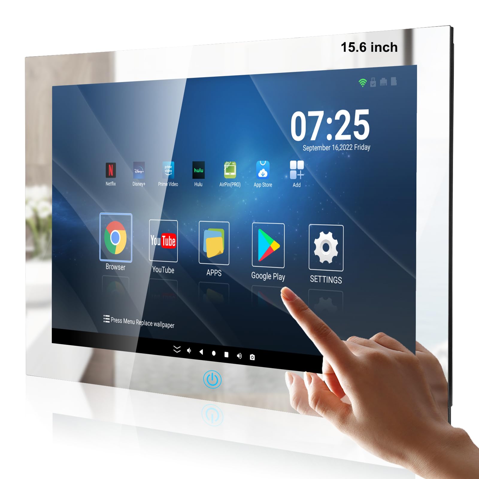 Haocrown 15.6 Inch Waterproof Smart Mirror TV with Touch Screen - Full HD 1080P, Built-in Wi-Fi 2.4/5G & Bluetooth, ATSC Tuner, USB/HDMI, Wall Mountable (8+64GB, HG156BM) - Perfect for Bathroom, Shower & Kitchen Entertainment