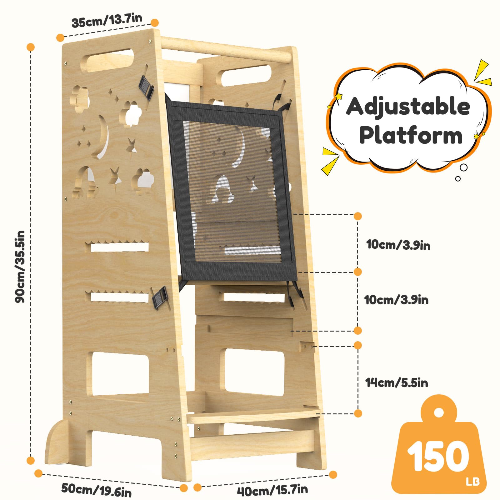Natural Wood Adjustable Height Toddler Tower with Safety Rail - Montessori Learning Step Stool for Kids, Perfect for Kitchen Counter & Bathroom Use, Ideal for Cooking, Baking & Handwashing Activities