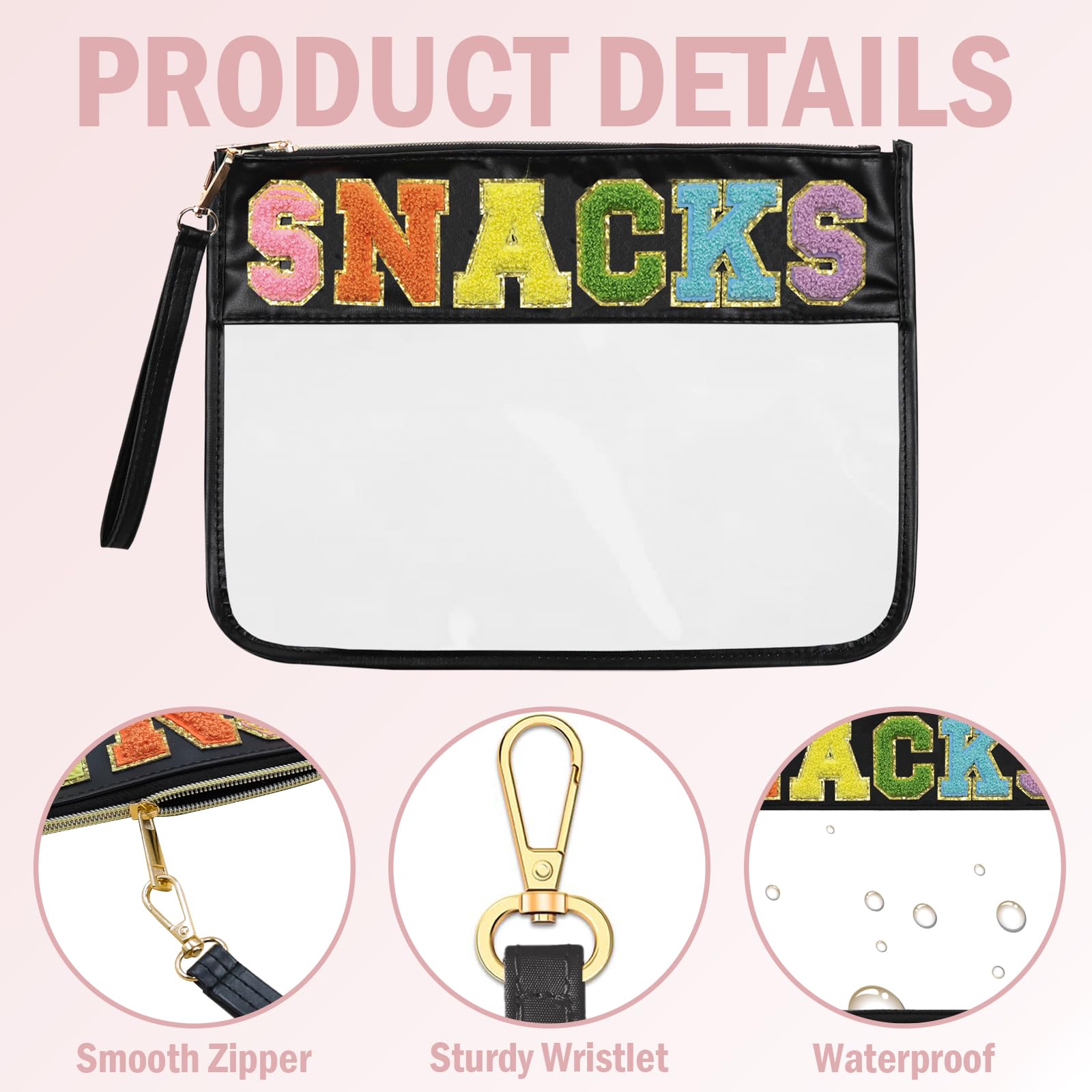 Snack Bags Pouch | Travel Makeup Bag with Chenille Letter | Clear Cosmetic Zipper Pouch | Women's Tote & Travel Organizer | Perfect for Snacks, Makeup Storage & On-the-Go Essentials