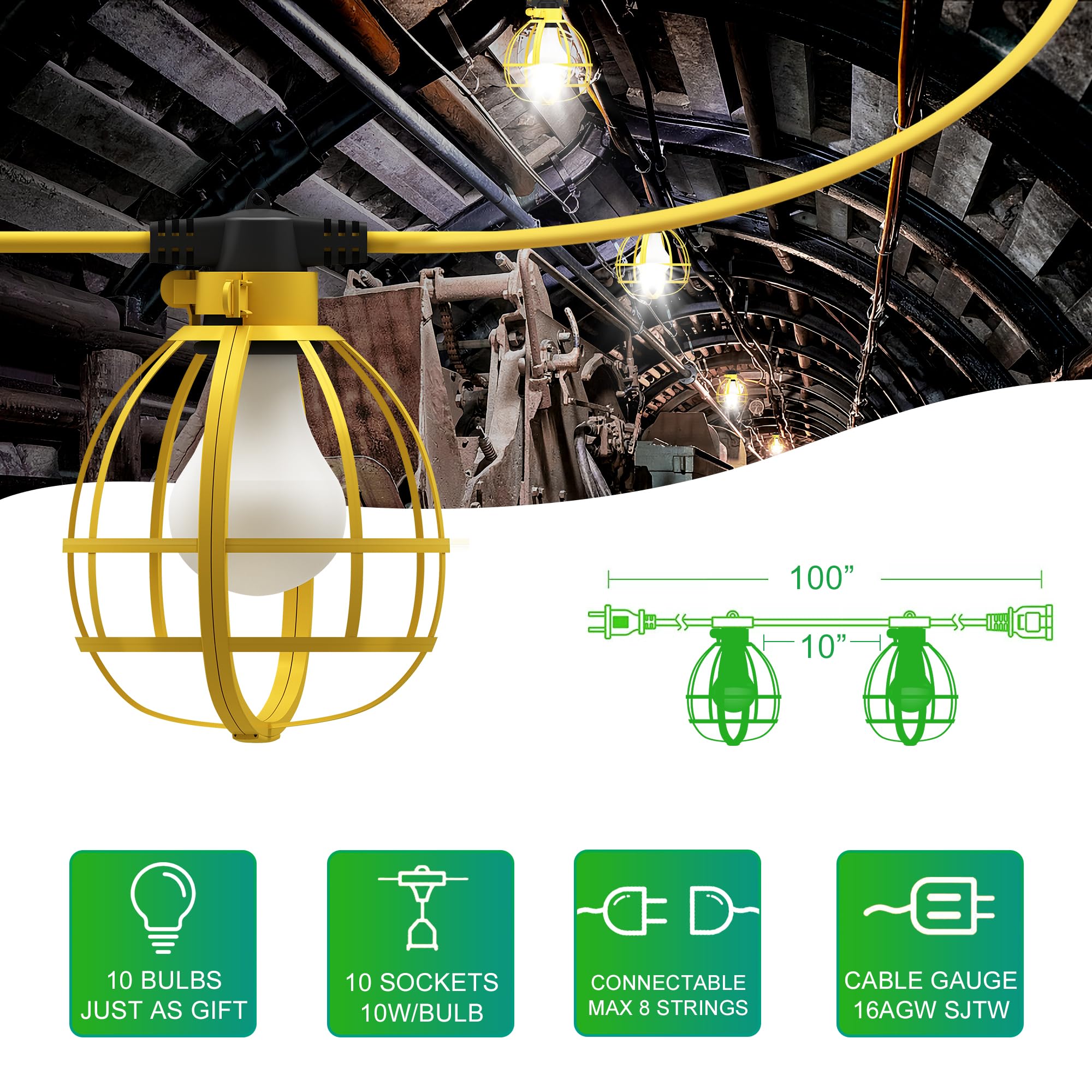 LEDIARY 100FT Construction String Lights - 10 Bulbs 100W 10500LM Weatherproof Linkable Jobsite Lighting for Indoor & Outdoor Use - Perfect for Construction Sites, Backyard Parties, and Temporary Workspace Lighting