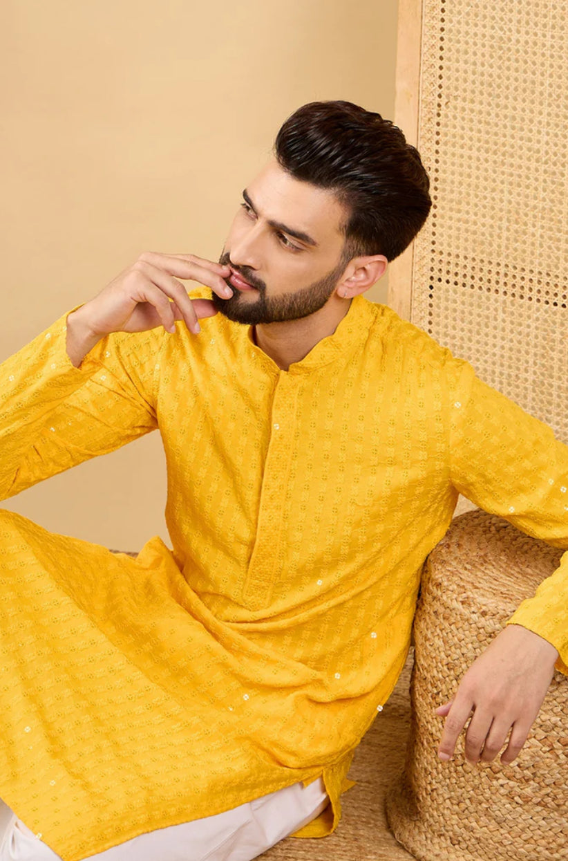 Men's Yellow Embroidered Chikankari Kurta - Traditional Indian Cotton Tunic for Casual Wear & Festive Occasions