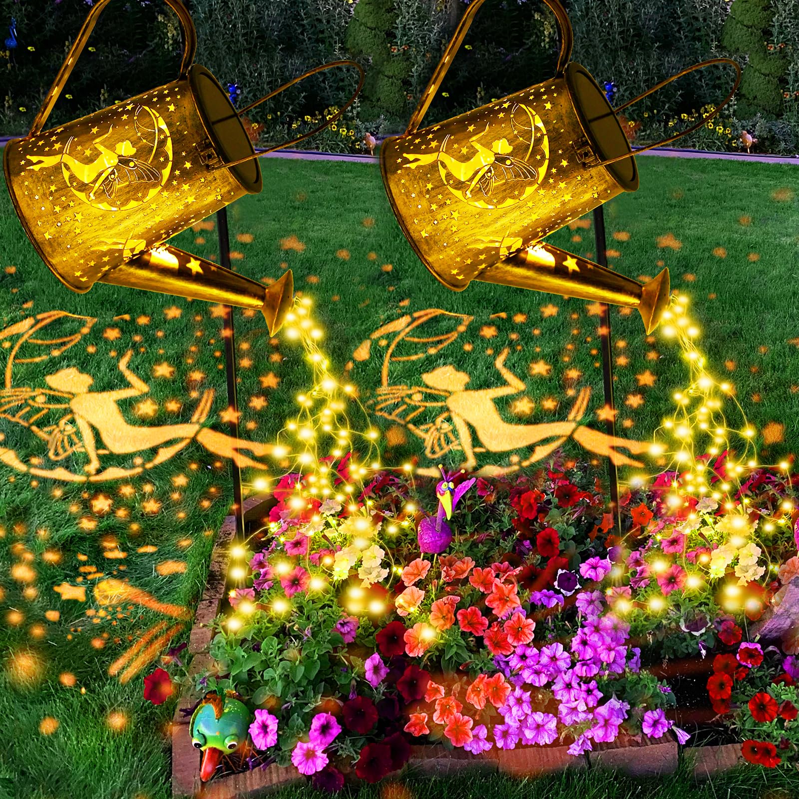 Solar Watering Can with Lights - 2 Pack Outdoor Garden Decor for Yard, Patio