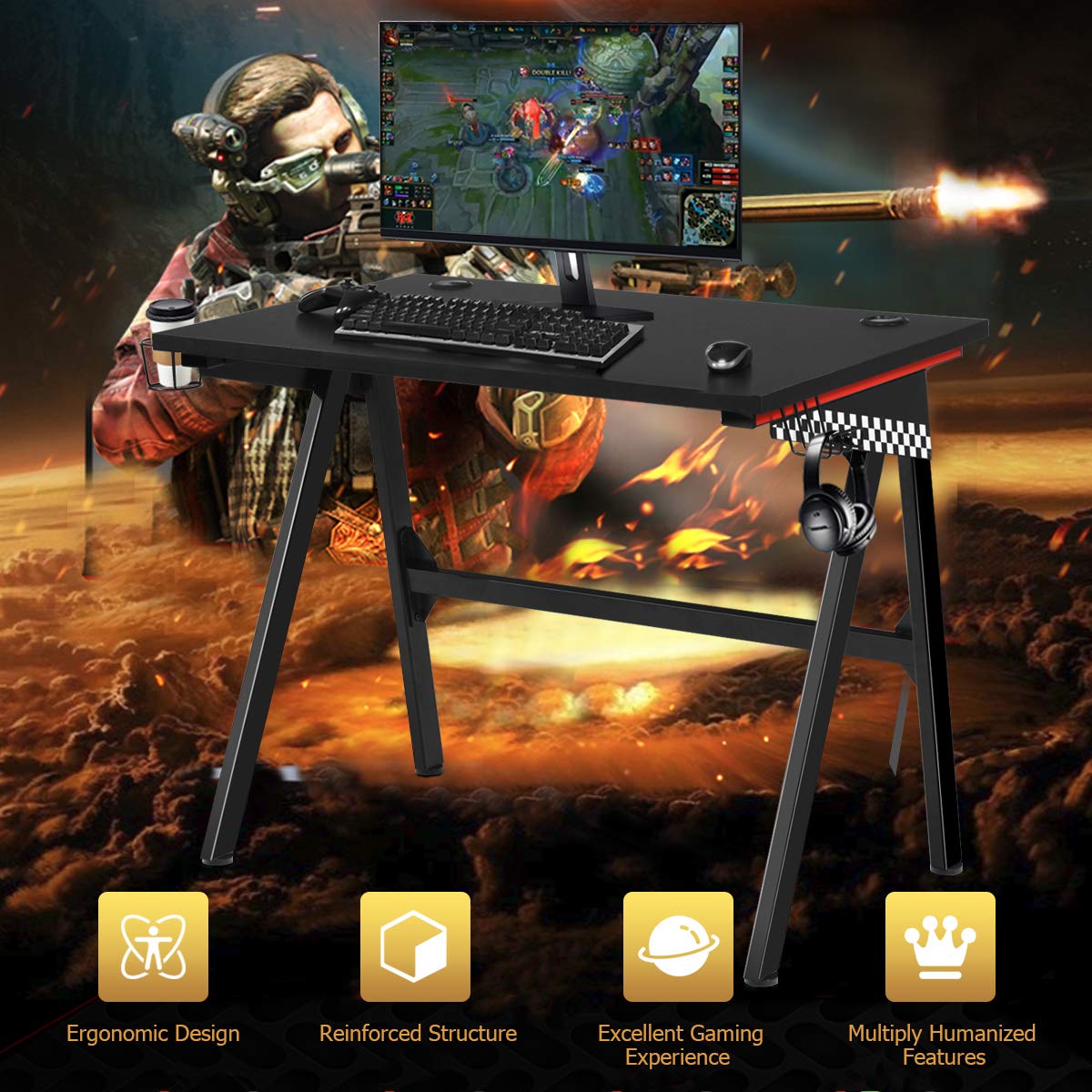 Tangkula 48 Inch Gaming Desk - Ergonomic Computer Desk with Cup Holder & Headphone Hook, Sturdy Writing Table for PC Gaming, Home Office & Study - Black (Perfect for Esports, Streaming & Remote Work)