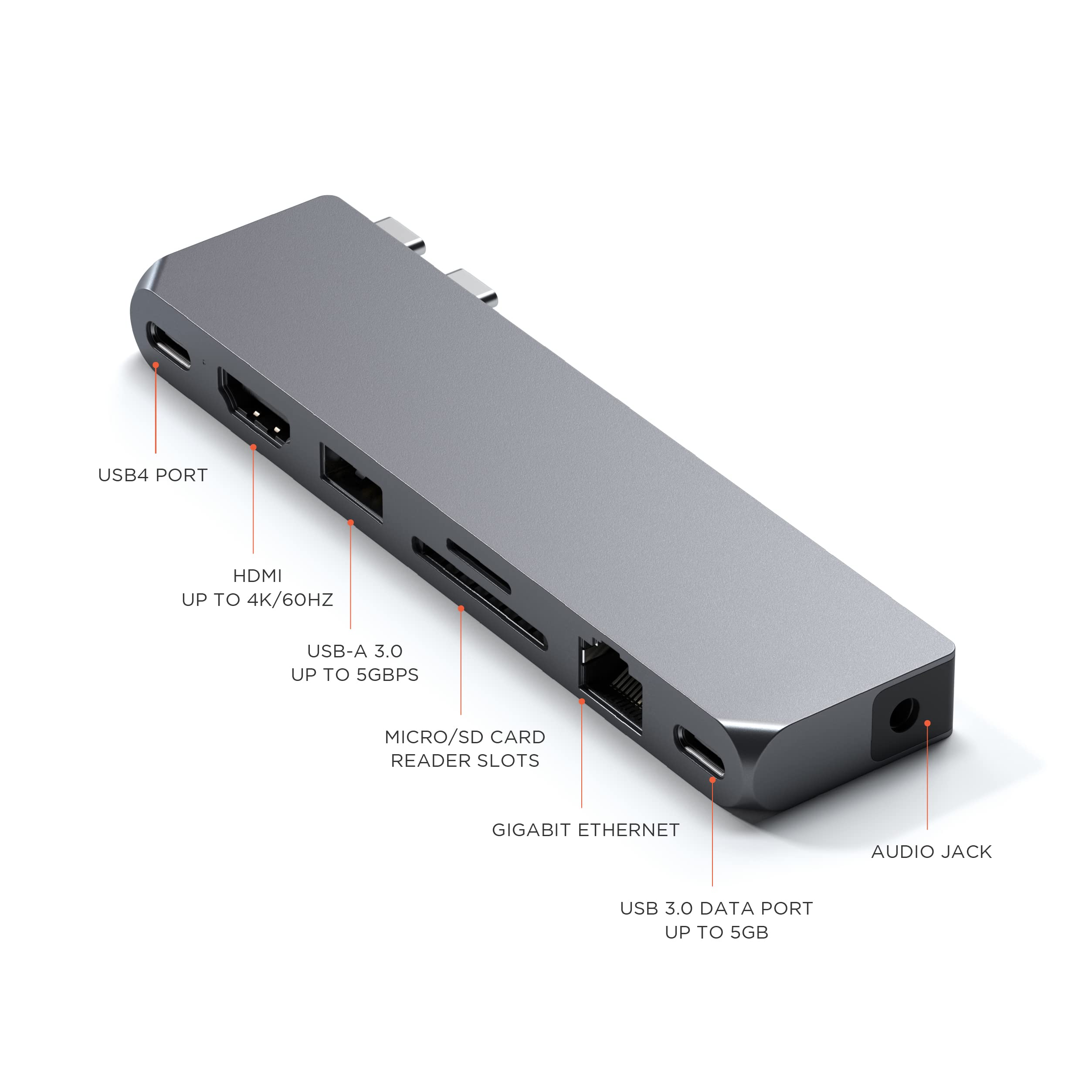 SATECHI USB-C Hub Multiport Adapter Pro Hub Max - 7-in-1 USB4 Hub with USB-A 3.0, USB-C Data, Gigabit Ethernet, SD/Micro SD Card Reader & 3.5mm Audio Jack - Compatible with M2/M1 MacBook Pro/Air (Space Gray) | Perfect for Work, Travel & Home Office Connectivity