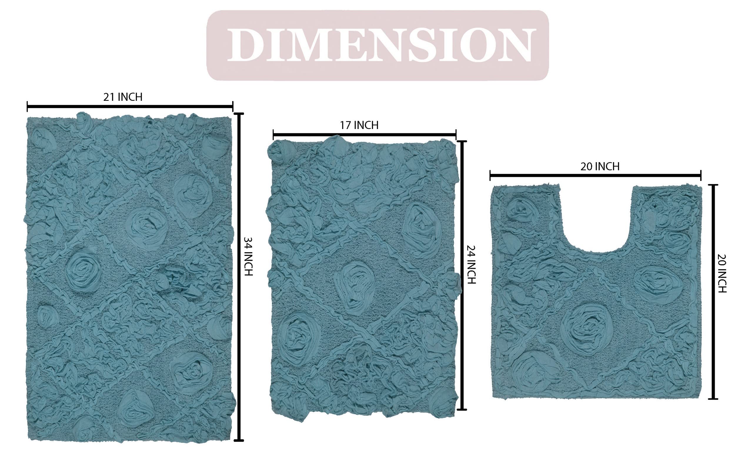 Home Weavers Modesto 100% Cotton Bath Rug Set - Ultra Soft, Absorbent & Washable Non-Slip Bathroom Mats - 3 Piece Contour Set in Blue - Perfect for Bathroom, Kitchen & High-Traffic Areas