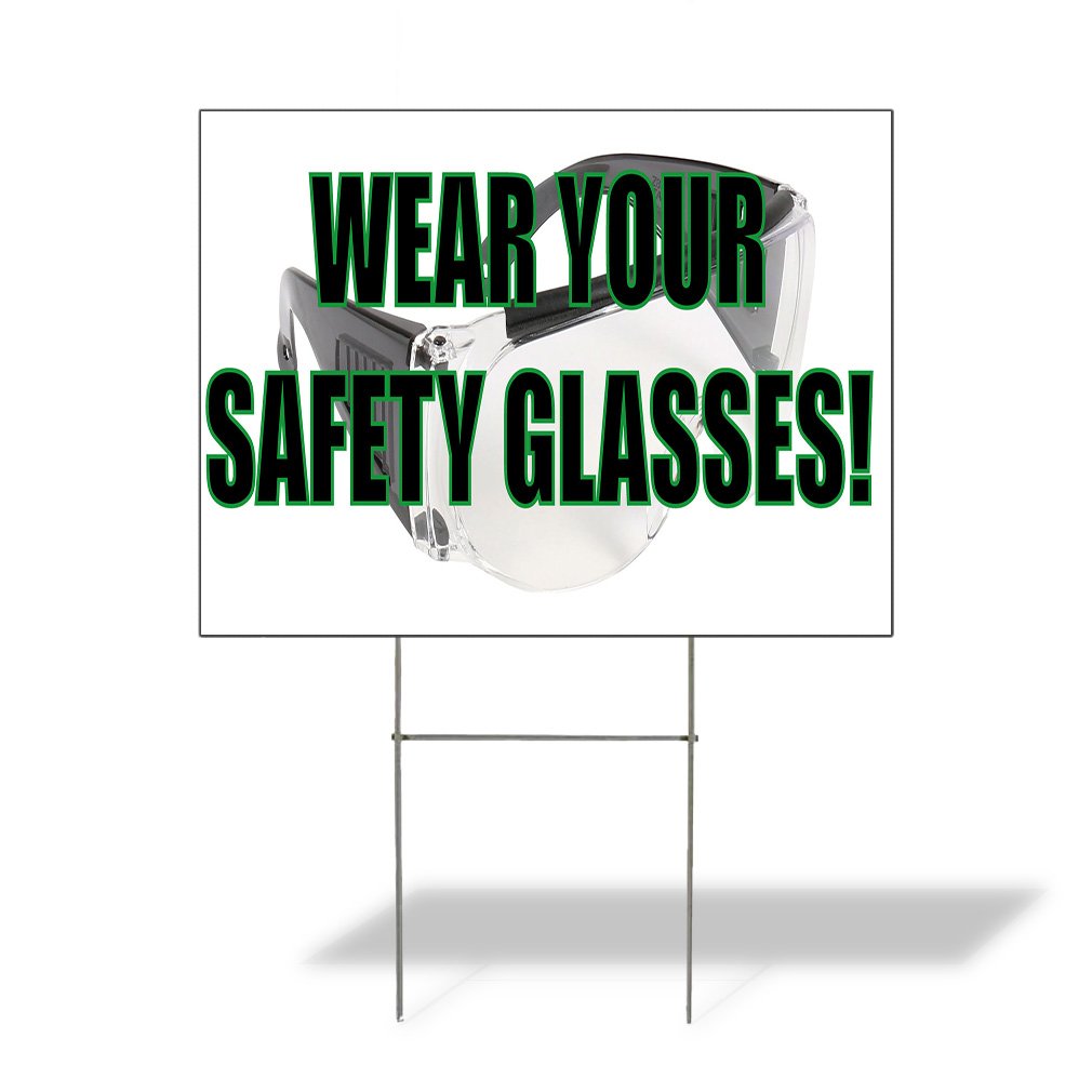 Wear Your Safety Glasses Weatherproof Yard Sign - 18x12 Inch Black Double-Sided Lawn & Garden Safety Awareness Sign | Perfect for Construction Sites, Factories, Workshops & Outdoor Safety Reminders