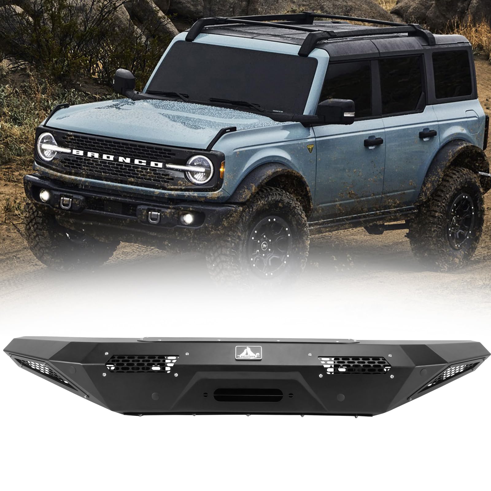 Heavy Duty Front Bumper for 2021-2025 Ford Bronco | Off-Road Bumper with 2 LED Lights, Winch Ready & Sensor Holes | Perfect for Rock Crawling, Overlanding & Off-Road Adventures