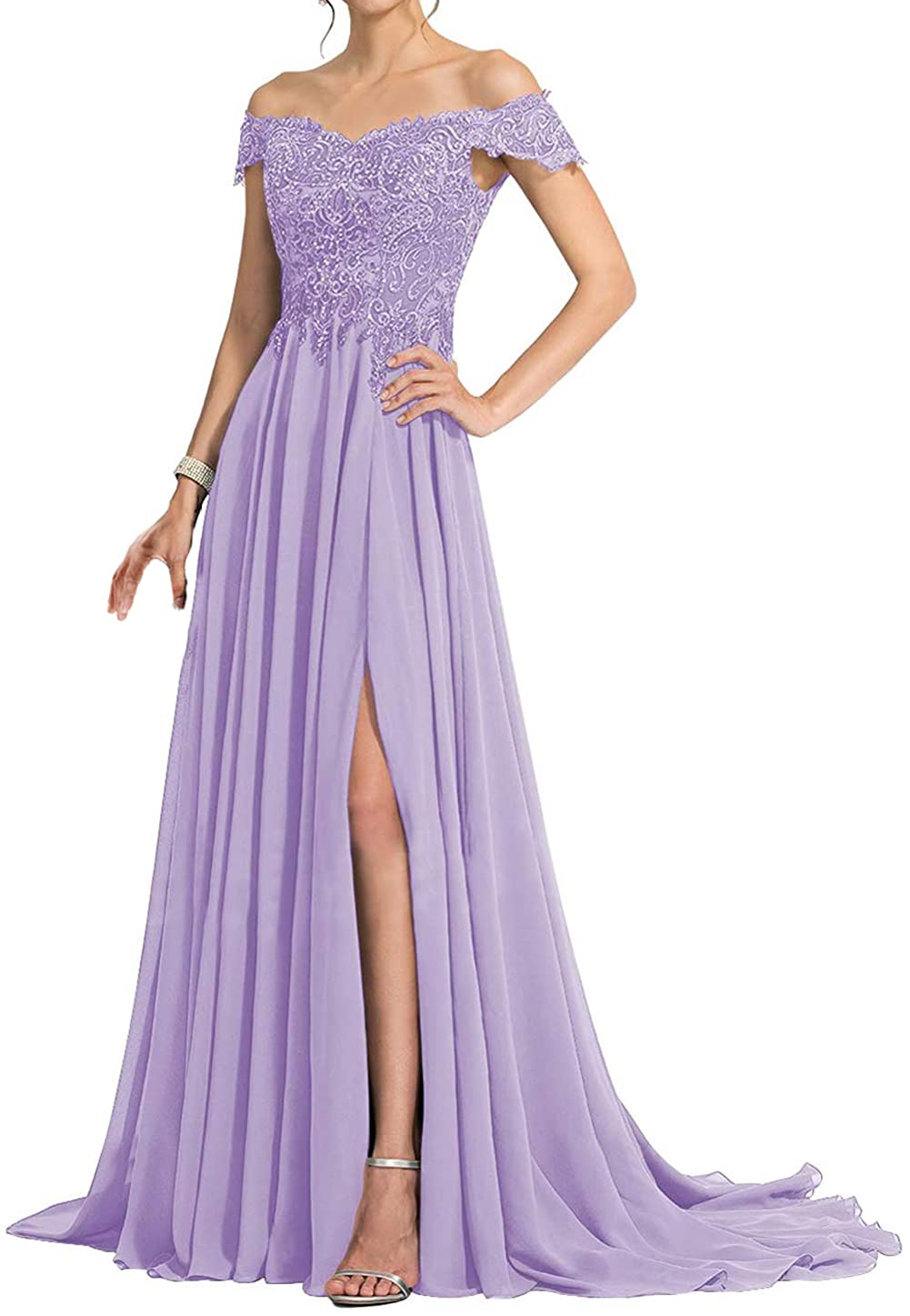 Elegant Off-Shoulder Mother of The Bride Dress - Long Chiffon Lace Formal Evening Gown with Side Slit for Weddings, Proms & Special Occasions