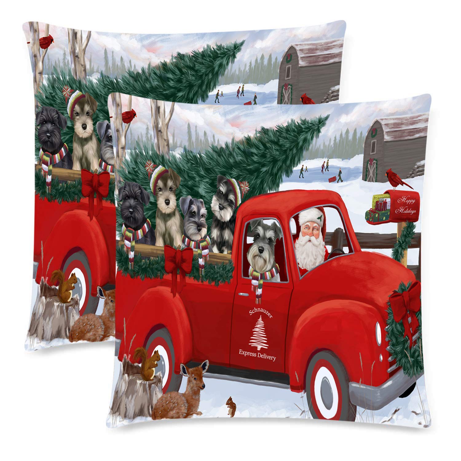 Christmas Santa Express Delivery Red Truck Schnauzer Dogs Pillow Cases - 18x18 Inch Single Sided Set of 2 - Holiday Home Decor for Sofa, Bedroom & Festive Gift